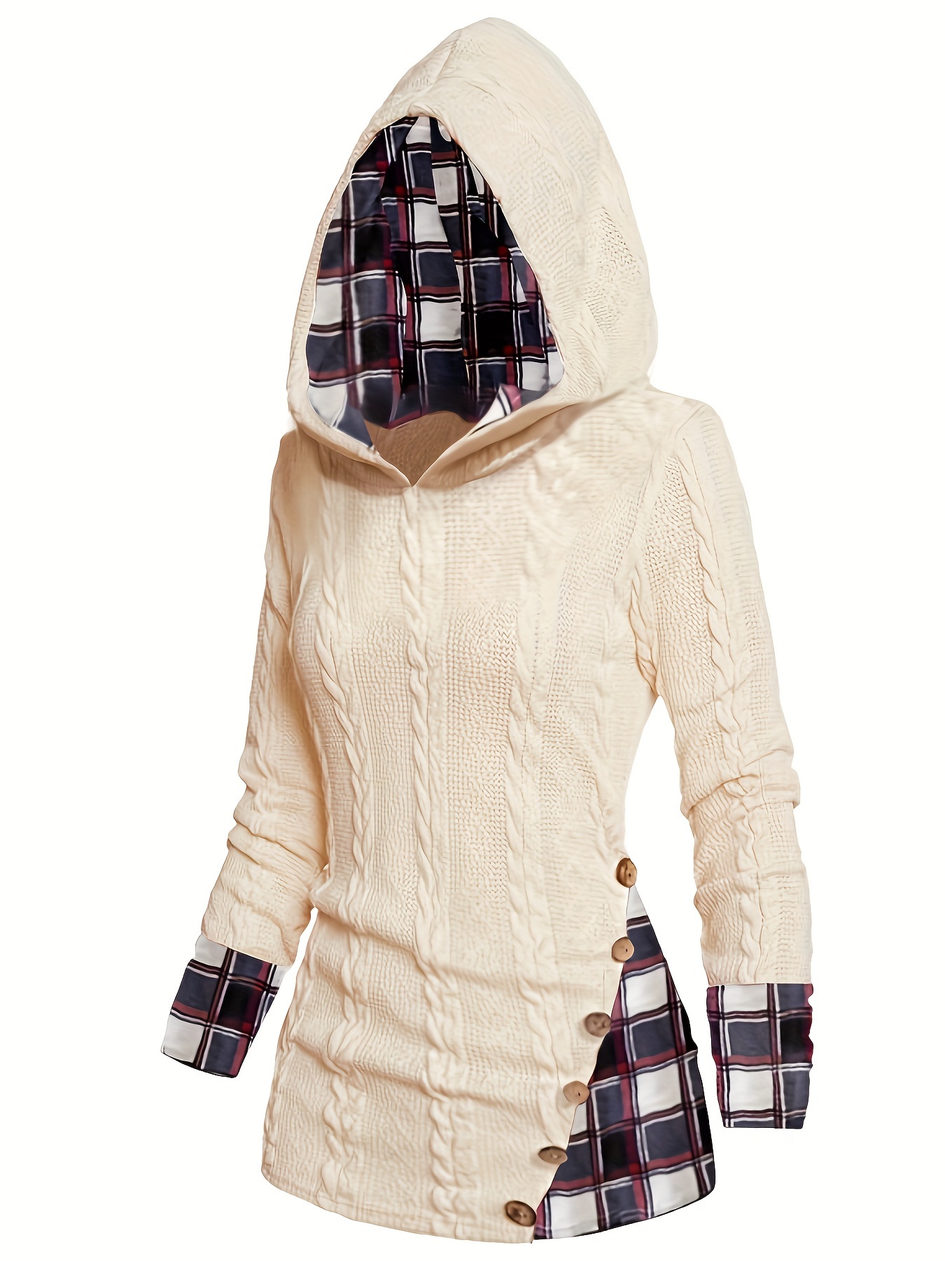 Plaid Splicing Button Decor Cable Hoodie Casual Long Sleeve - Temu