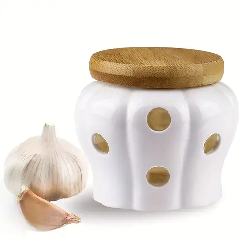 1 pz, contenitore per aglio, contenitore per aglio in ceramica scavato,  barattolo bianco con coperchio in bambù per patate, cipolla, barattolo per  aglio, contenitore per aglio con coperchio in bambù, accessori per