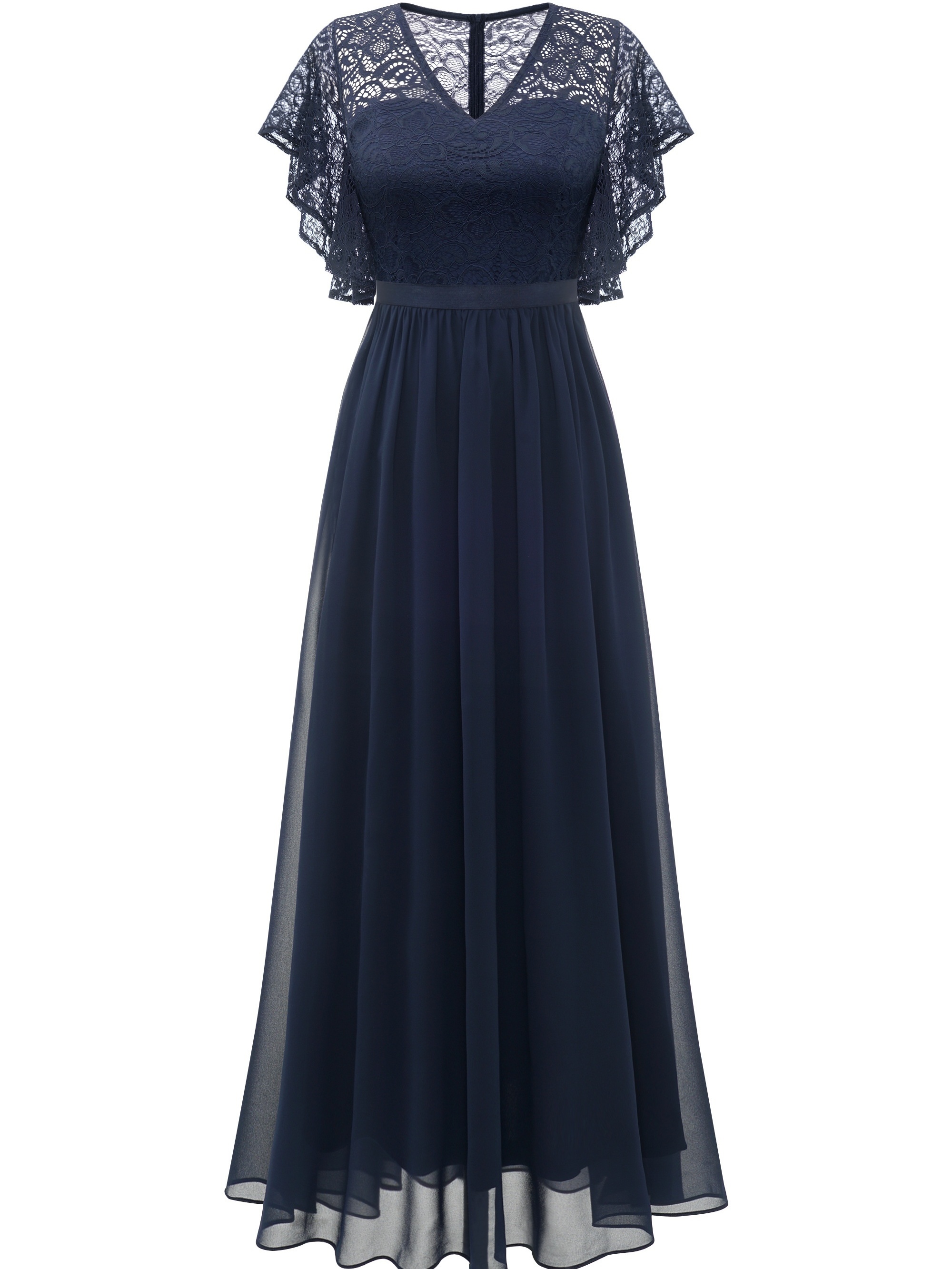 Solid Lace Aline V-neck Dress, Elegant Ruffle Hem Bridesmaid Dress For ...