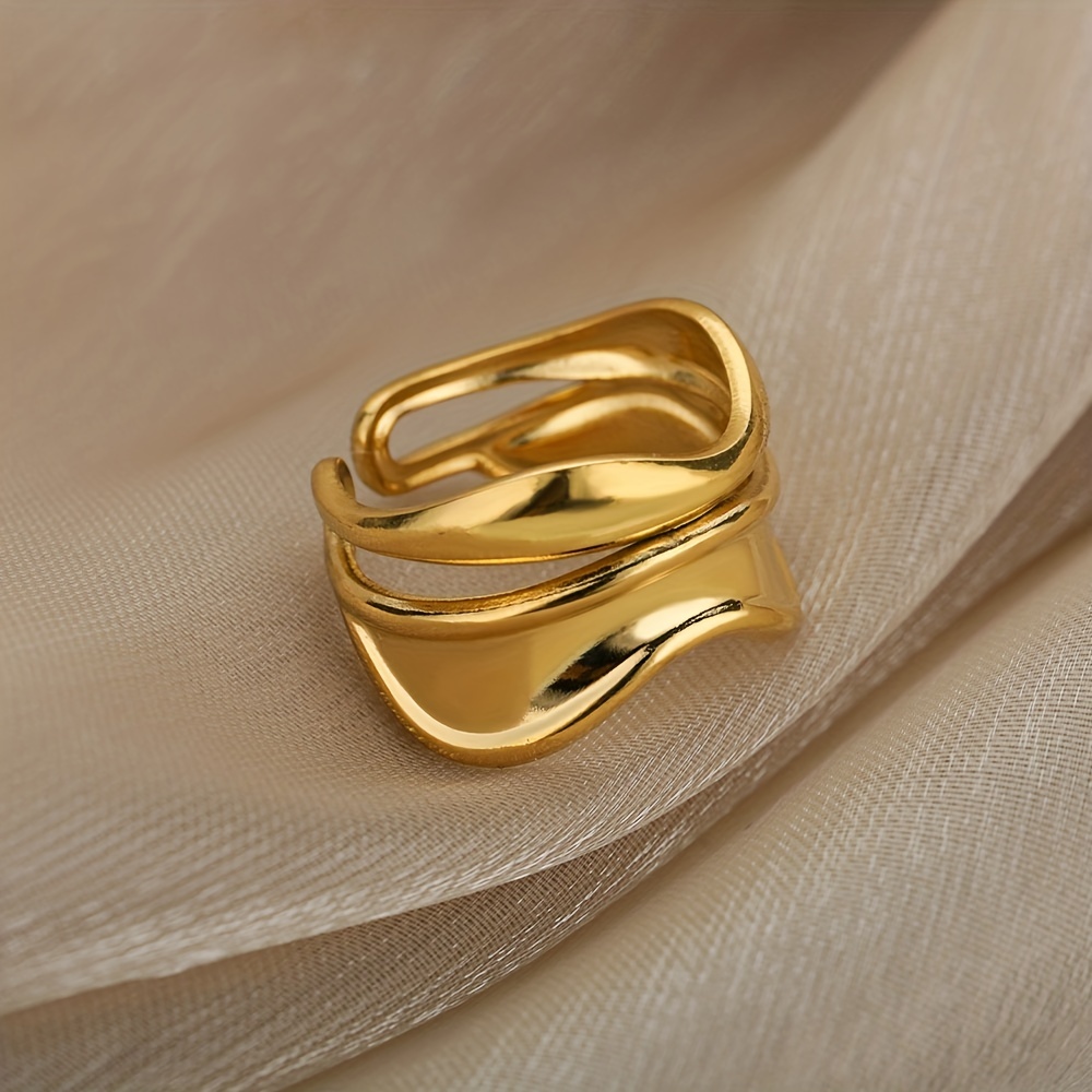 Golden Tone Stainless Steel Wave Open Ring