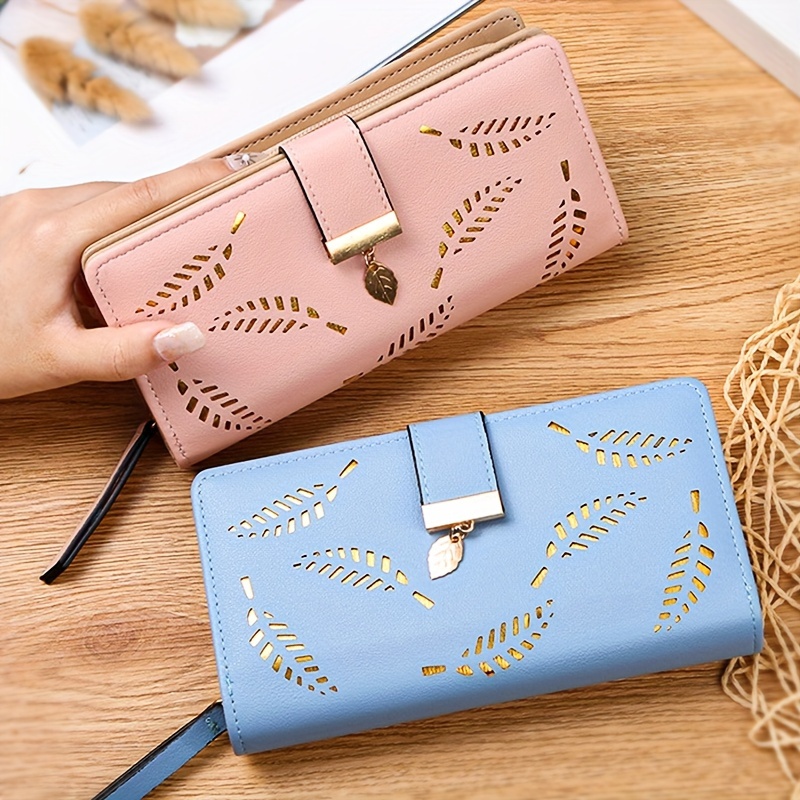 

Fashionable Hollow Leaves Pattern Long Wallet, Solid Color Novelty Coin Purse, Large Capacity Card Card Holder