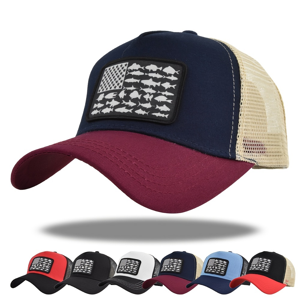 1pc American Fish Flag Embroidered Mesh Baseball Breathable Adjustable Snapback Trucker Hat, Trucker for Women Men Fishing Hiking,Temu