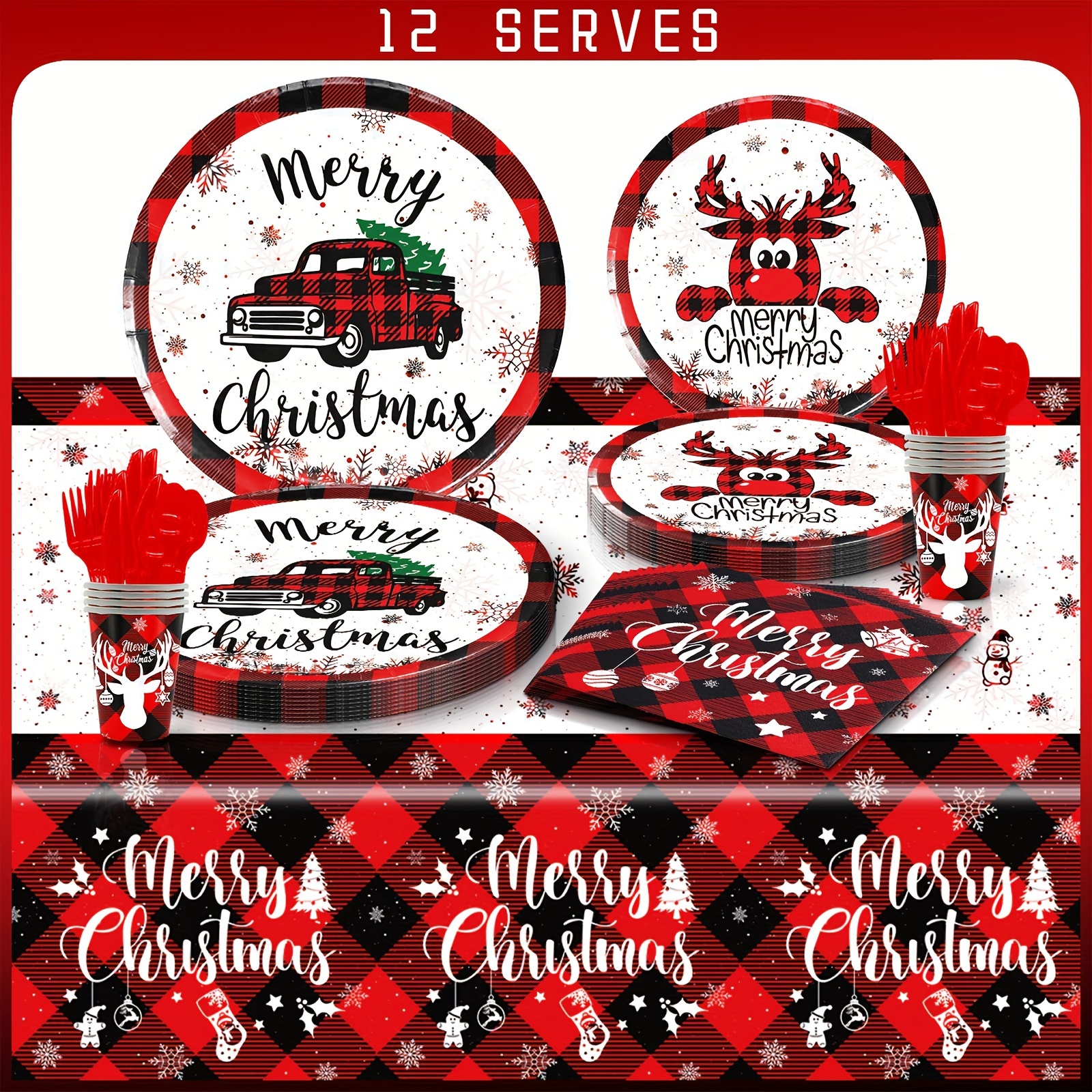 Christmas Paper Plates and Napkins Set - Disposable Dinnerware Table Decorations for Christmas Party, Includes Heavy Duty 9 inch Paper Plates, Cups