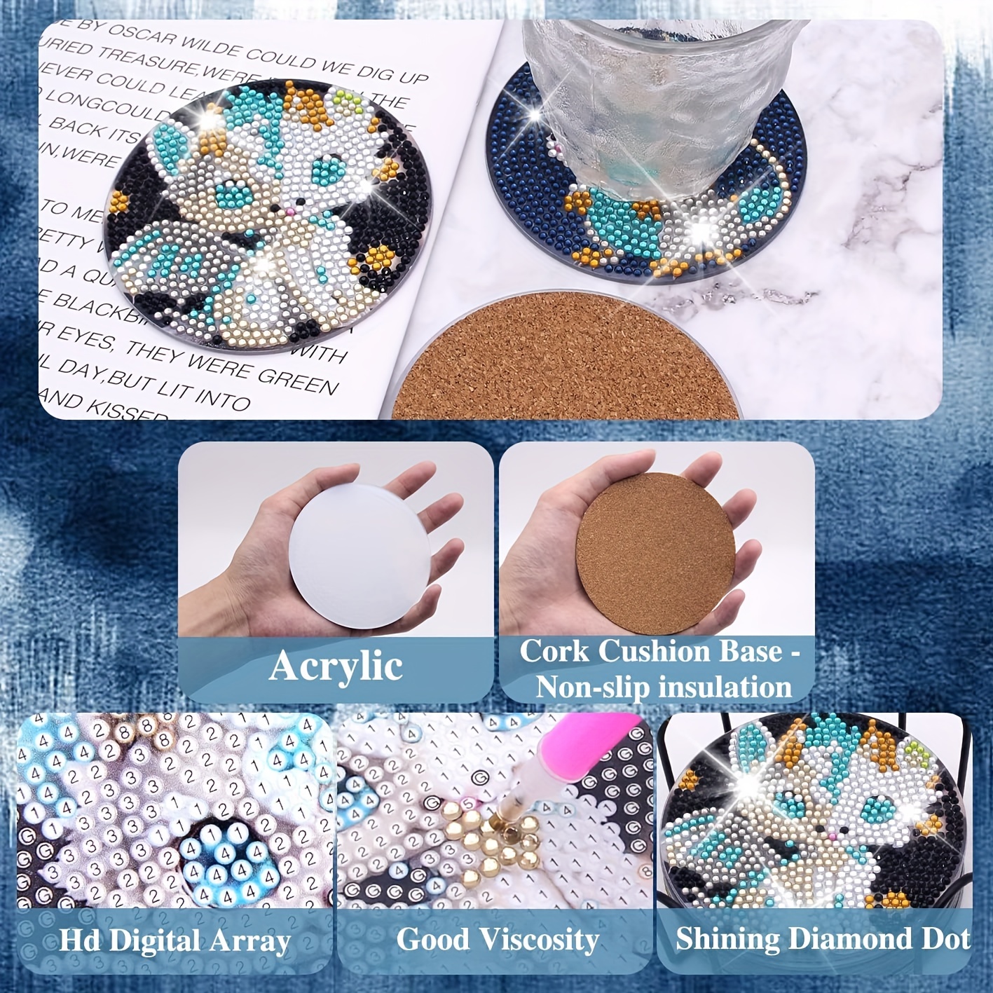 8pcs Diamond Painting Coasters Kits 5D Diamond Painting Coasters DIY  Artificial Diamond Art Coasters With Holder Non Slip Coaster Crystal Sticky  For T