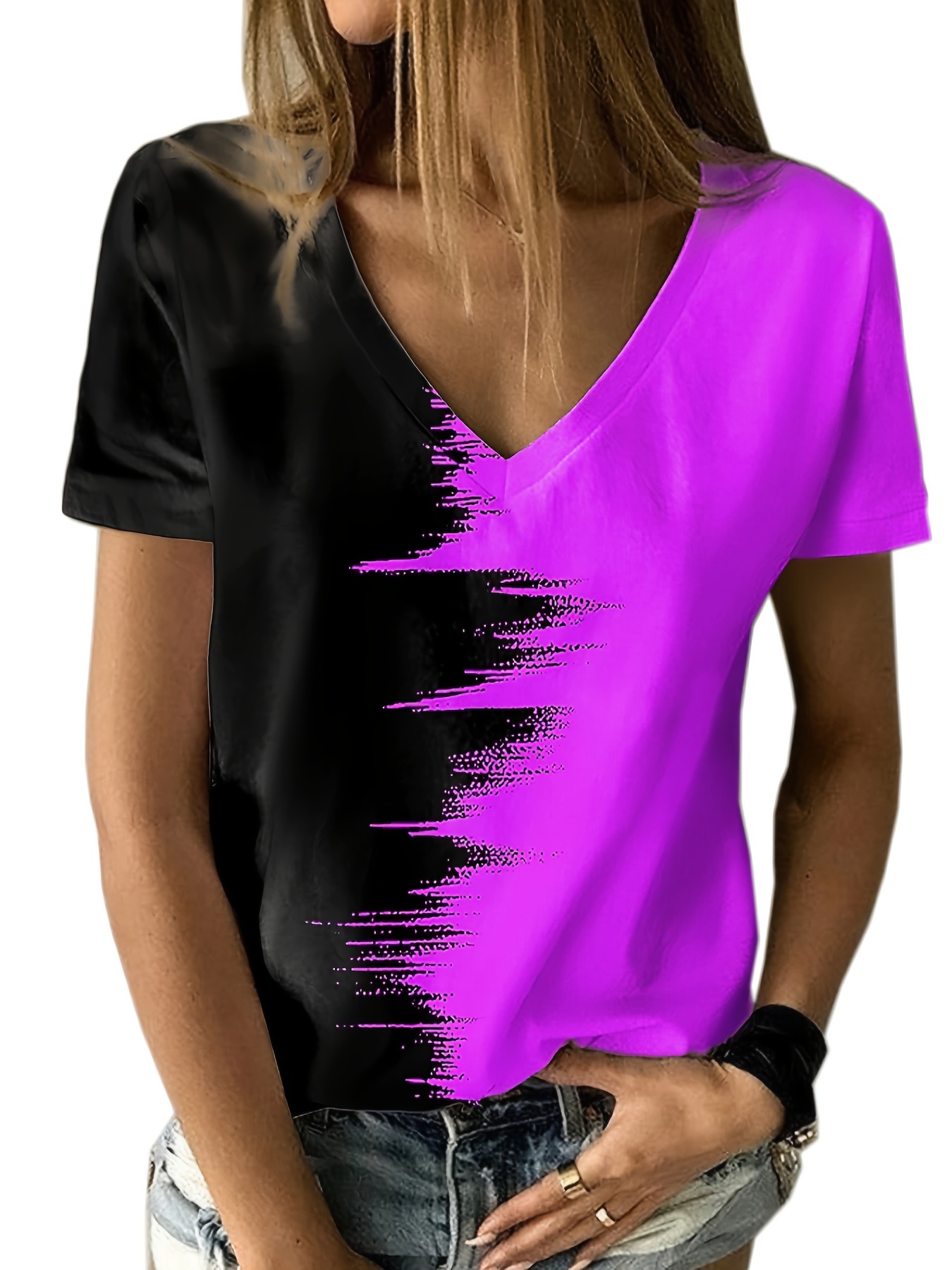 Niuer T Shirt for Women Short Sleeve Color Block Casual V Neck Blouse  Leisure Chic Tuinc Tops 