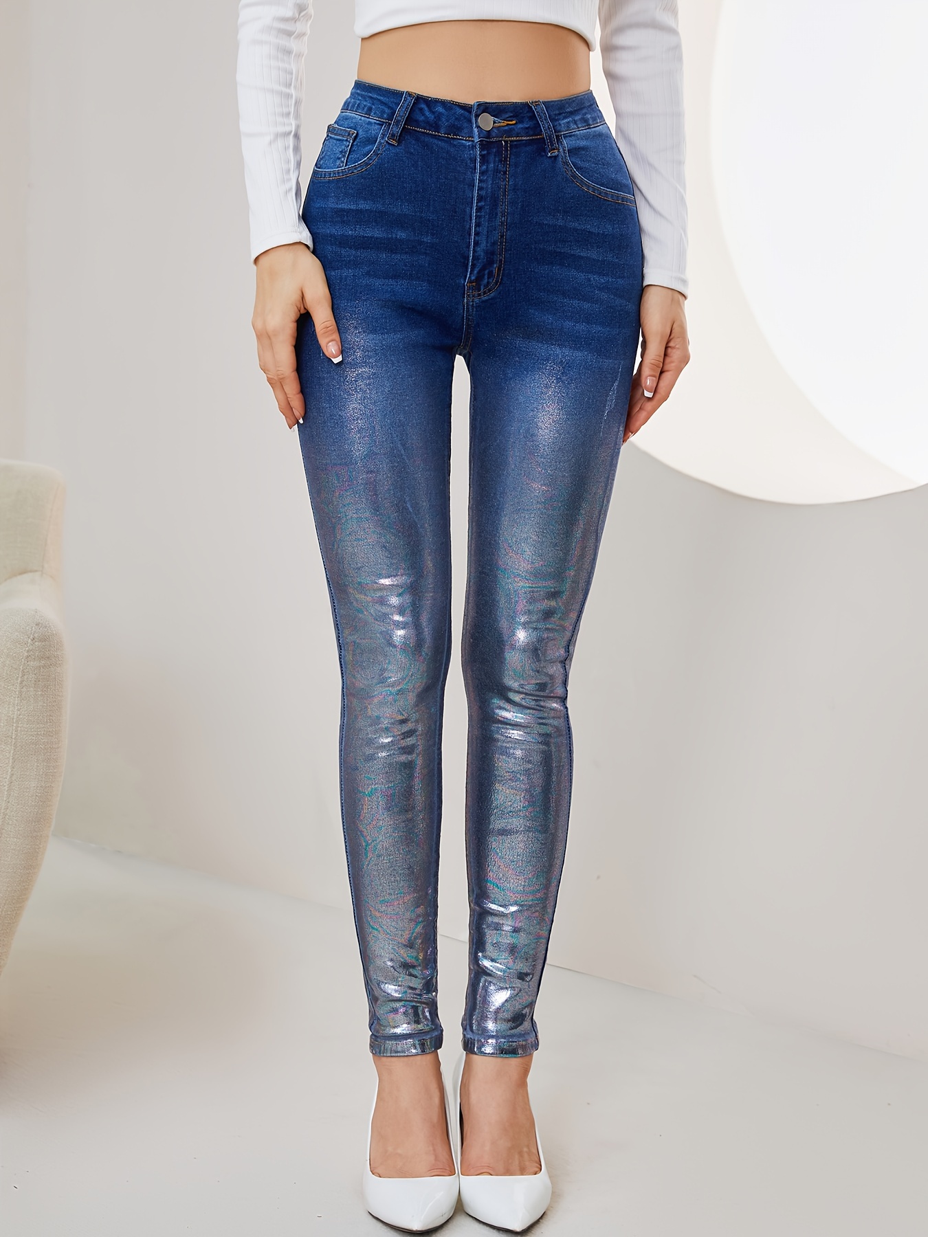 Ombre Metallic Skinny Jeans Fashion High Stretch Casual - Temu Canada