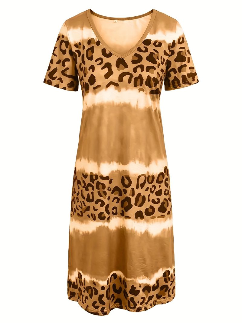 Plus Size Casual Dress, Women's Plus Tie Dye Leopard Short Sleeve V Neck Slight Stretch Dress details 5