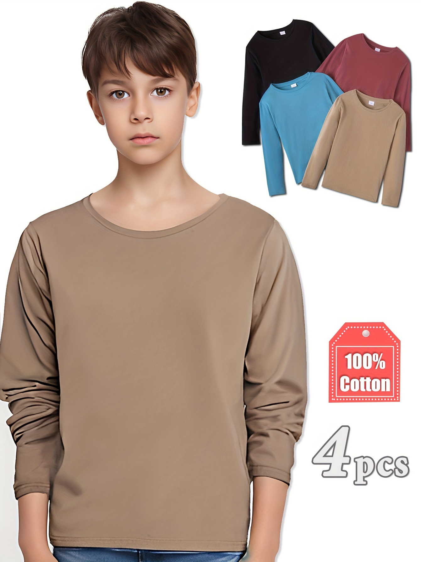 Boy's Cotton Long Sleeve Undershirts Cotton Top Underwear - Temu