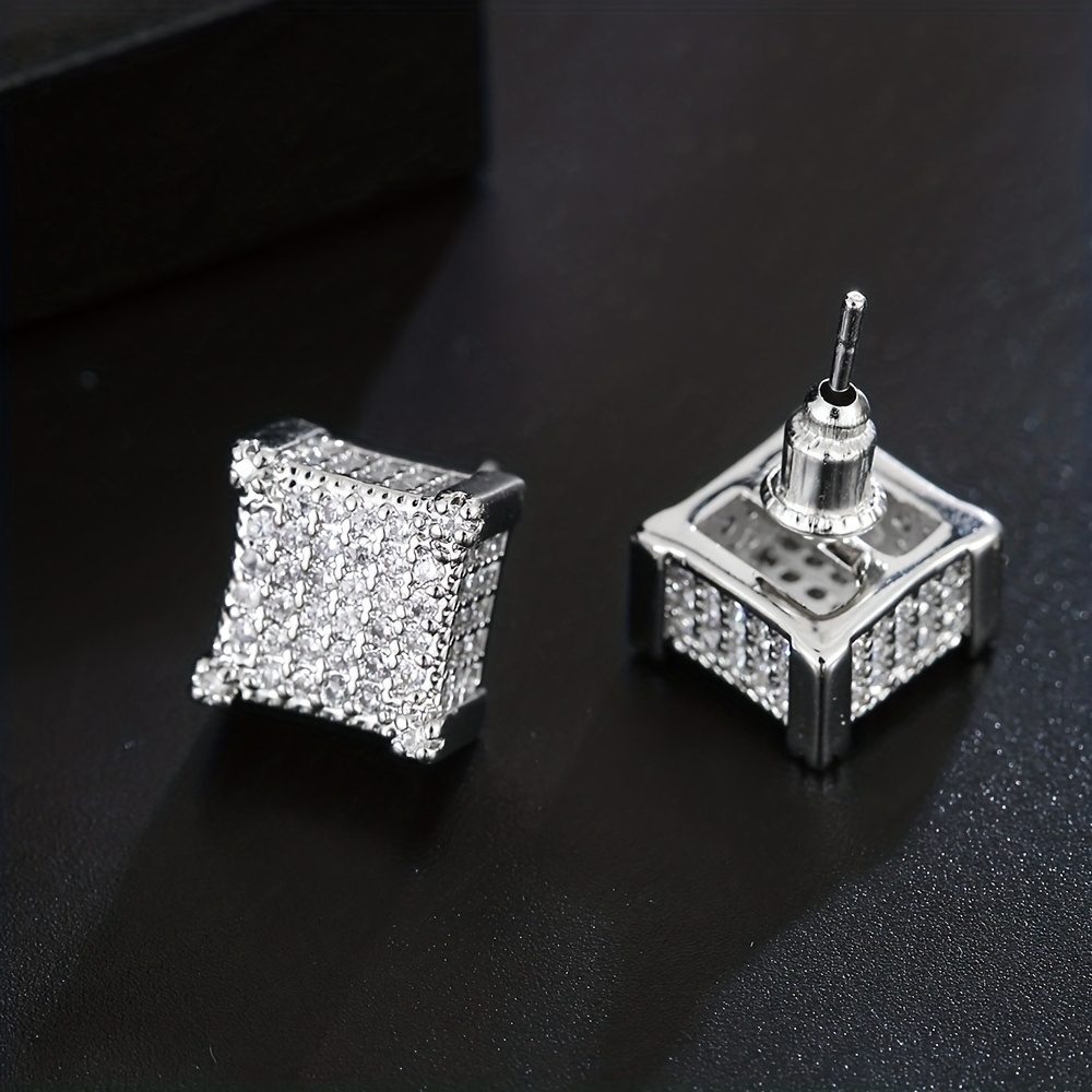 Square Cross Zircon Thread Stud Earrings, Hip Hop Style