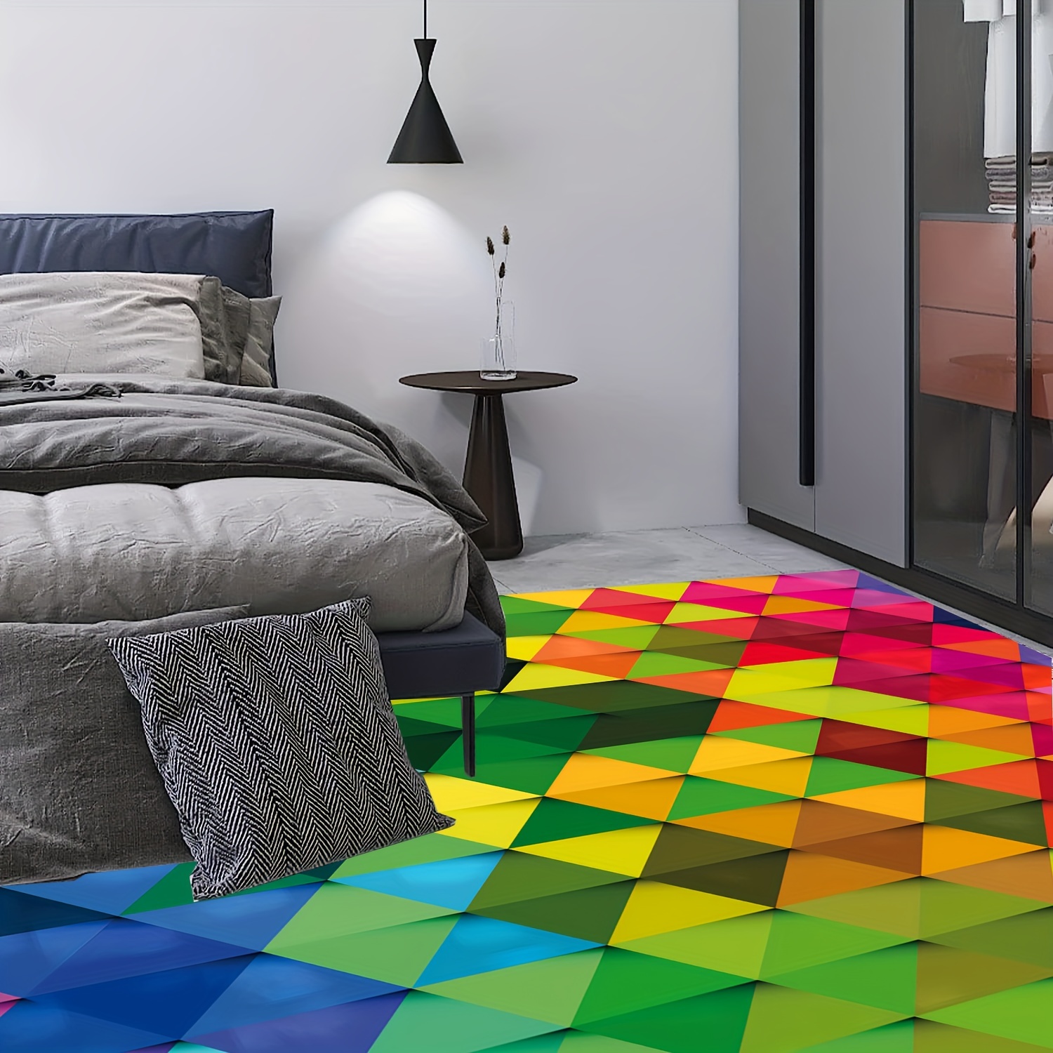 Tapete de quarto de padrão têxtil geométrico multicolorido