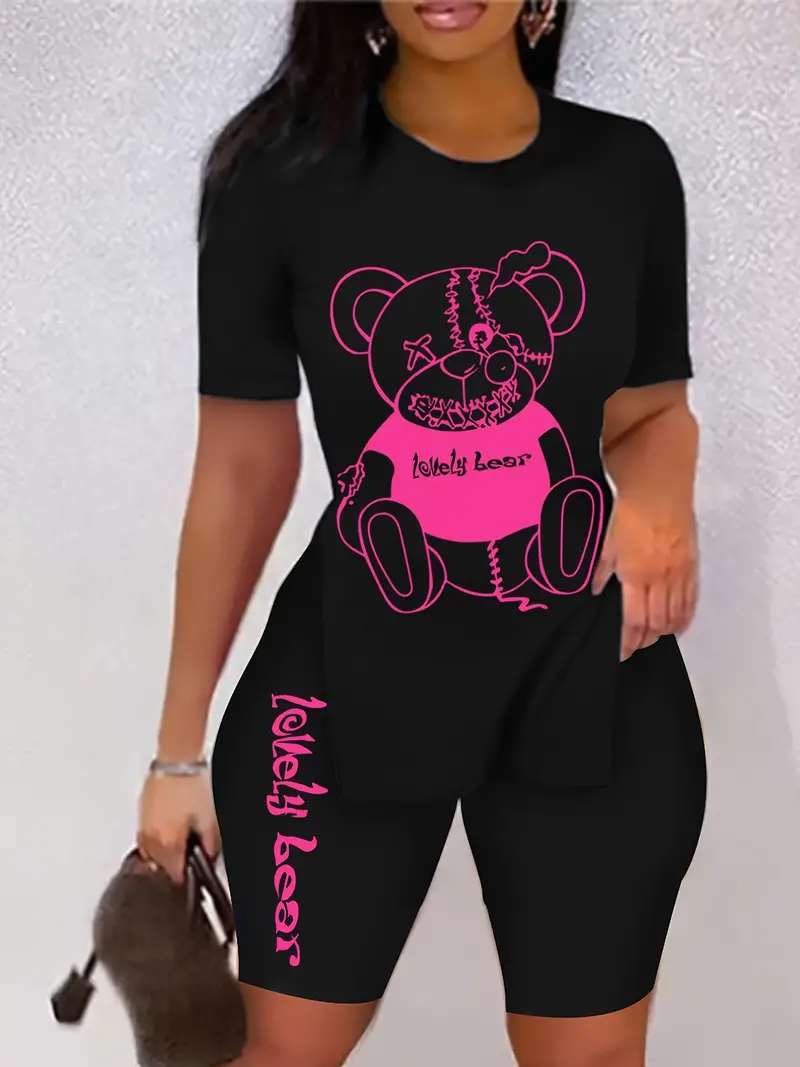 teddy bear print two piece set short sleeve side split casual t shirt workout shorts womens clothing details 0