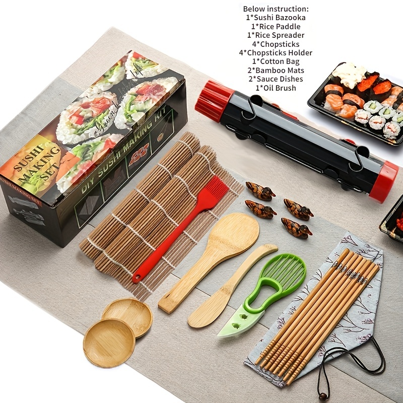 Sushi Making Kit, 2 Bamboo Sushi Mats and 1 Professional Sushi Bazooka Rice  Roller, 2 Pairs of Bamboo Chopsticks, Avocado Slicer Holder Paddle