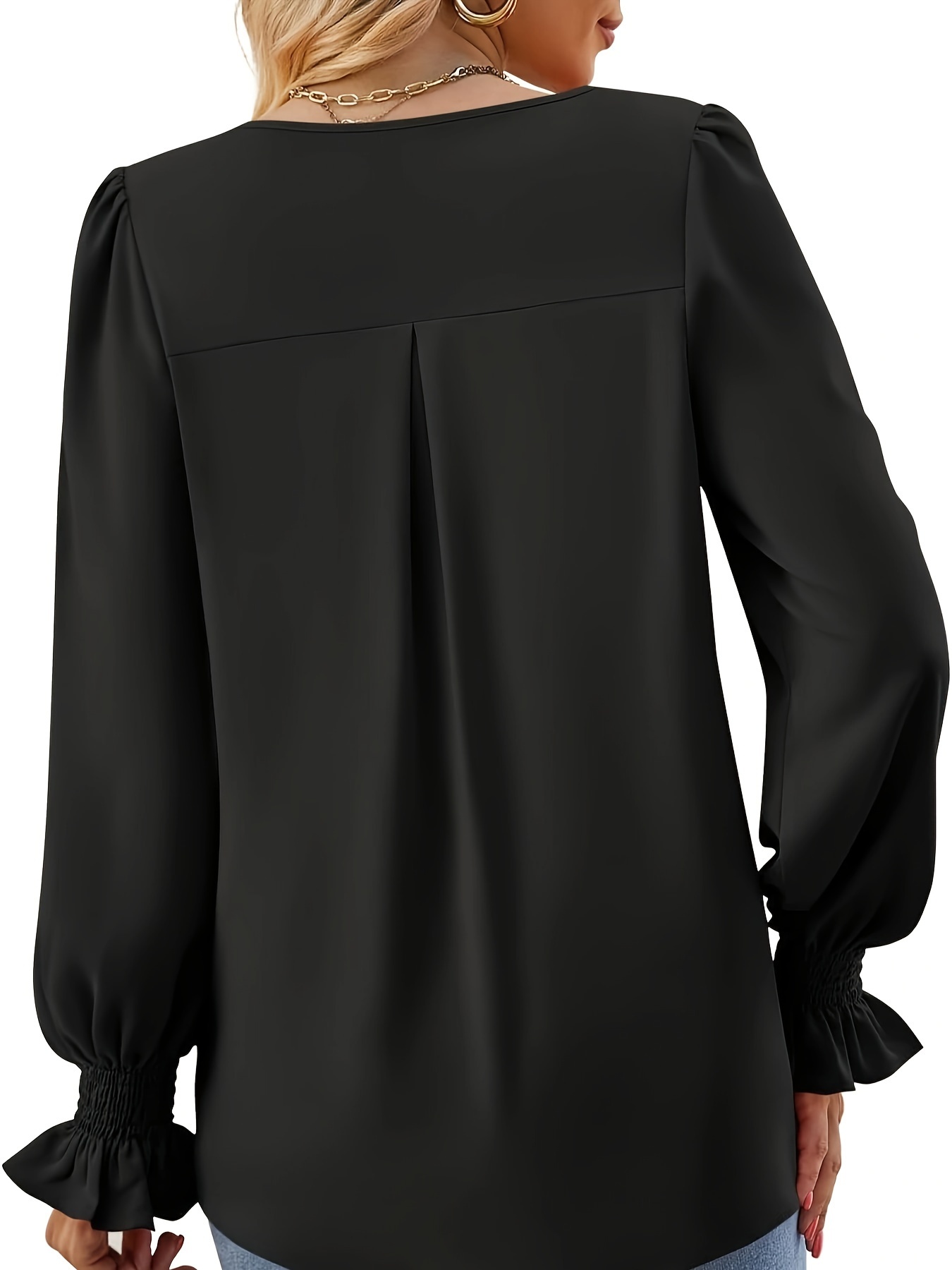 Solid V Neck Simple Blouse Elegant Long Sleeve Ruched Blouse - Temu Canada