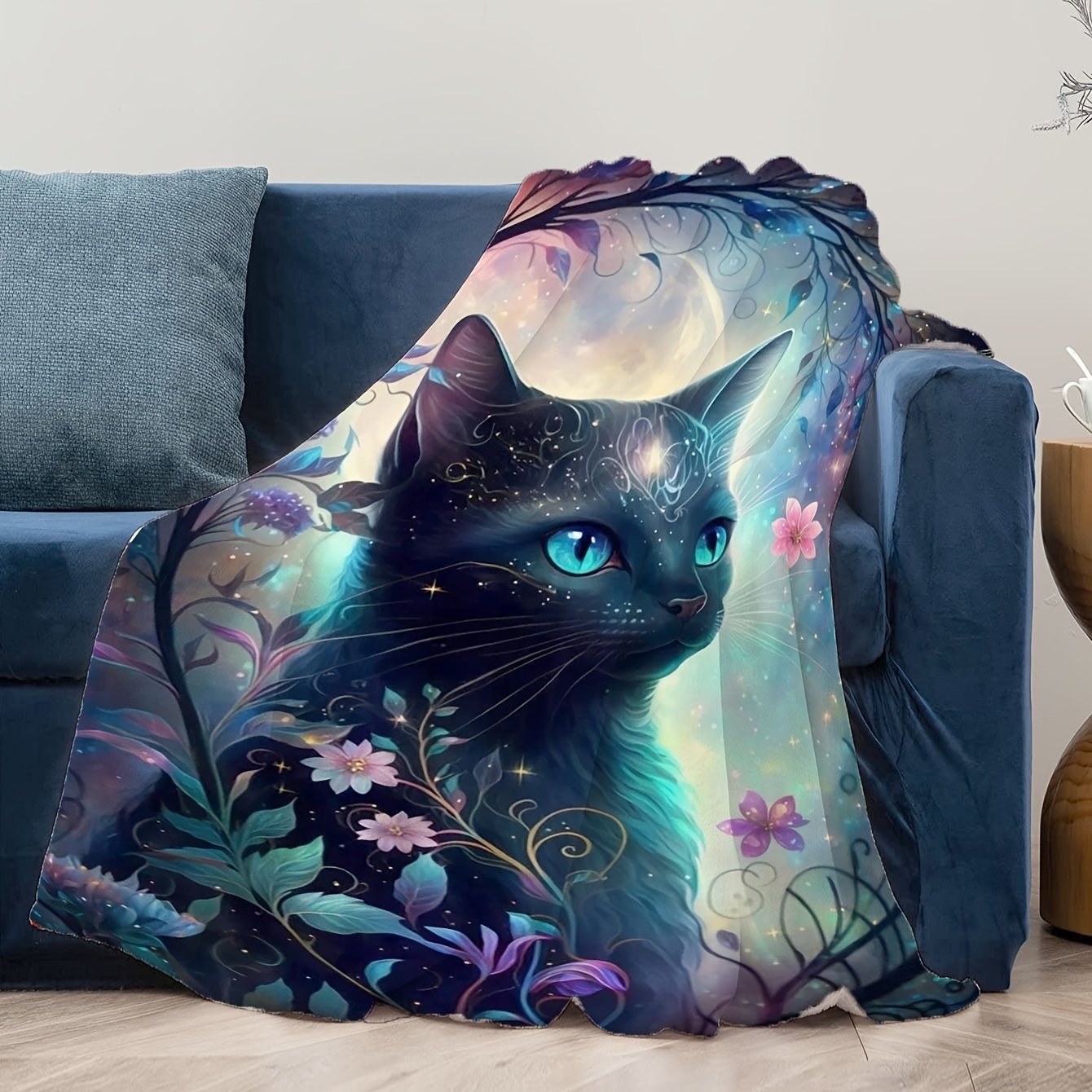 1pc Linen Throw Blanket, Charming Black Cat Pattern Printed Blanket, Warm  Cozy Soft Blanket For Couch Bed Sofa Car Office Camping Travelling, Gift Bla