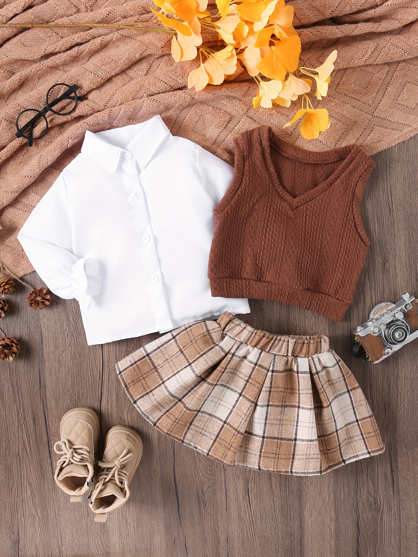 3pcs Girl's Preppy Style Outfit, Jacquard Vest & Shirt & Plaid Pattern  Skirt Set, Toddler Kid's Clothes For Spring Autumn