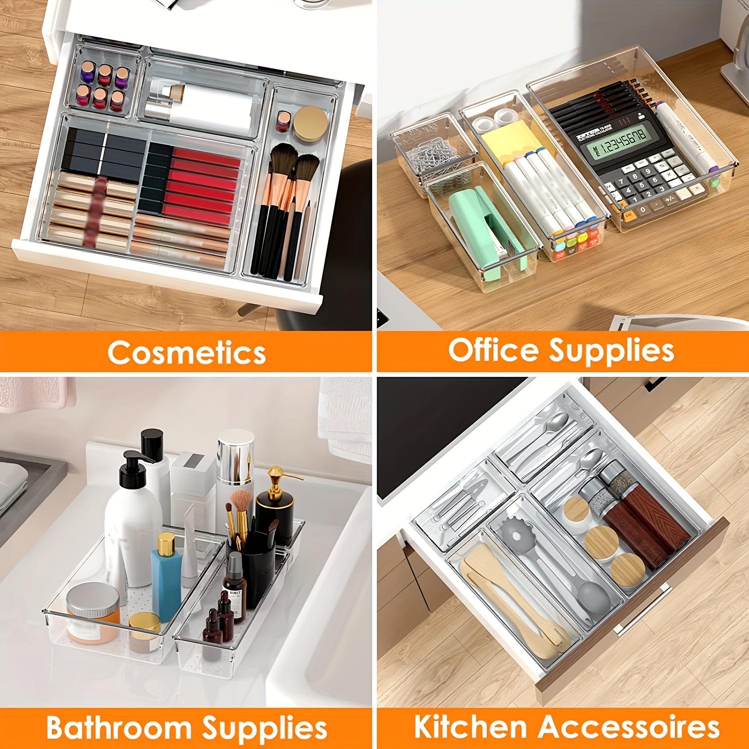 lot de 25 boîtes de rangement en plastique transparent, plateaux organisateurs empilables multi-tailles pour salle de bain, cuisine, tiroir, organisation de camping-car, polyéthylène téréphtalate, accessoires de décoration intérieure,   pile requise détails 8