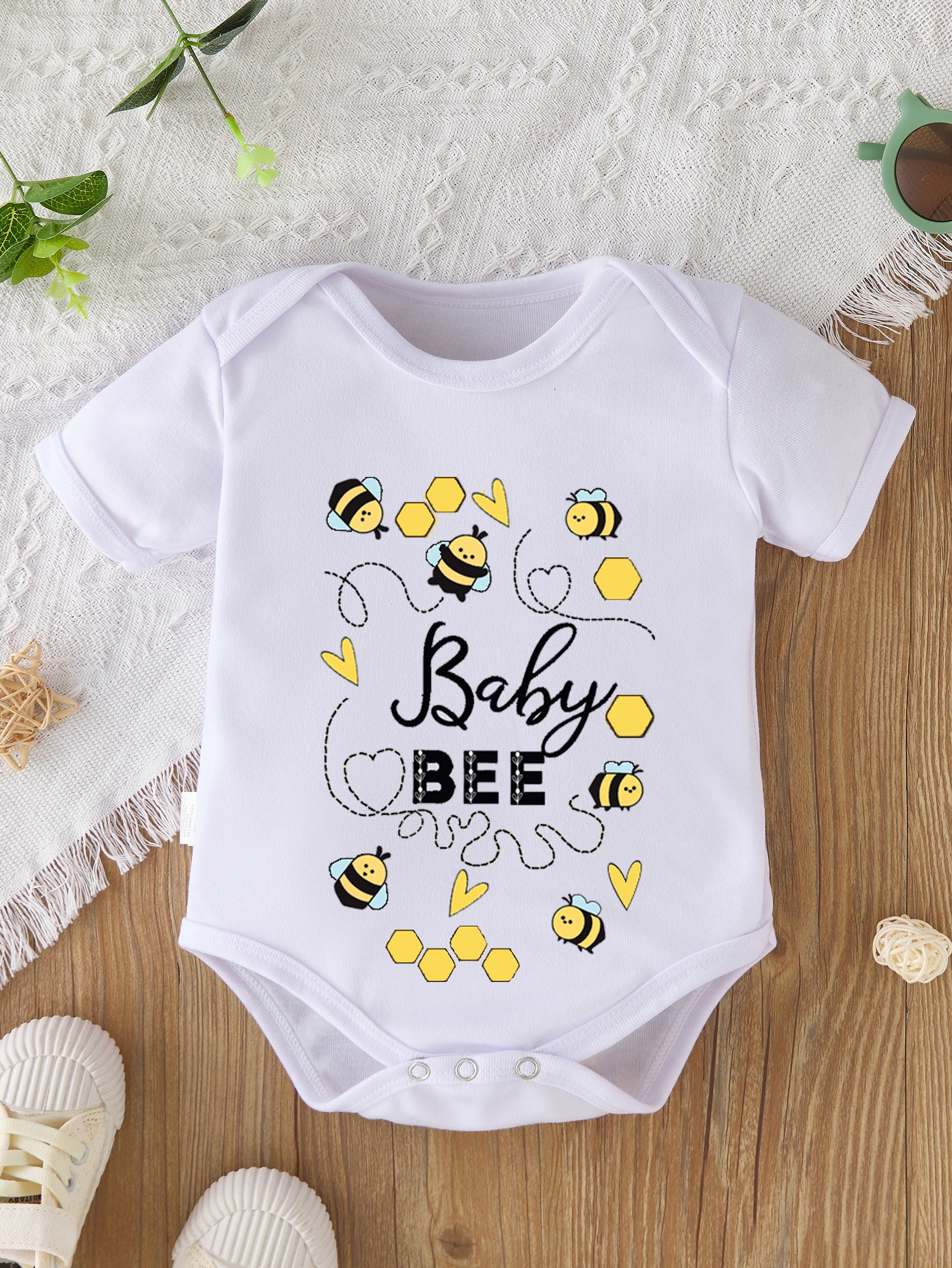 Adorable Bee Print Outfit For Newborn Girls Onesie Romper Temu