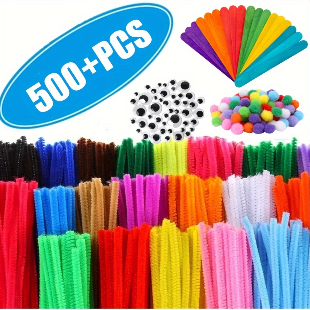 Pipe Cleaners Craft Set with DIY Tutorial, Included 200pcs Multicolor Pipe Cleaners Chenille Stems, 200pcs Pom Poms, 200pcs Self-sticking Wiggle