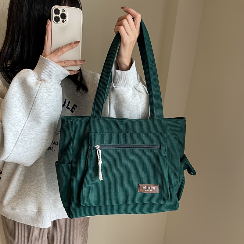 Simple Corduroy Shoulder Bag Multi Pockets Tote Bag Fashion - Temu