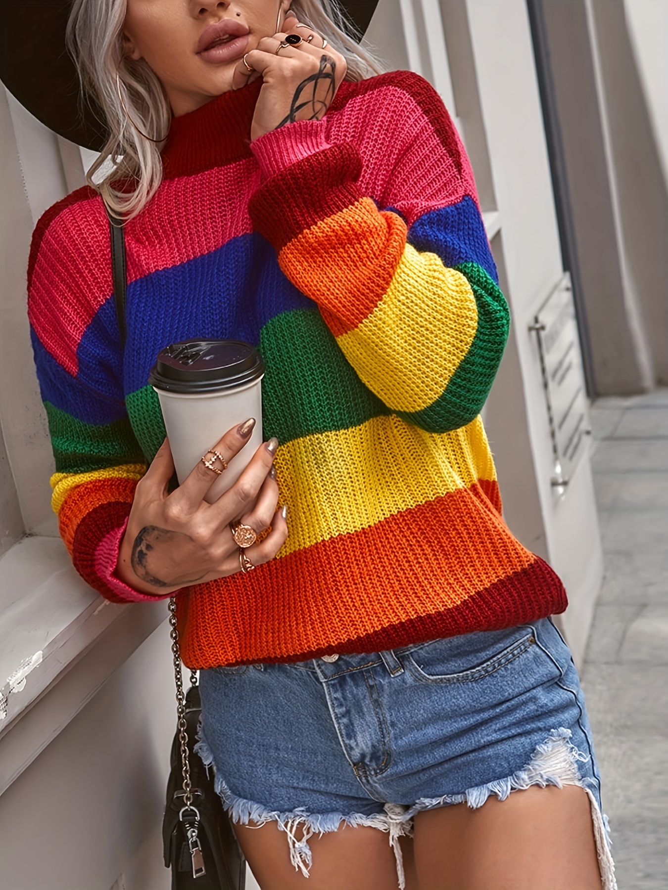  Heart Pattern Drop Shoulder Pointelle Knit Sweater (Color :  Multicolor, Size : Medium) : Clothing, Shoes & Jewelry