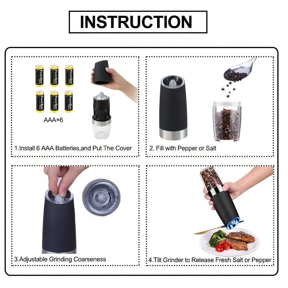 Pepper Grinder, Household Sea Salt Ginder, Gravity Electric Adjustable  Spice Grinder, Automatic Pepper Mill, Battery Powered With Led Light, Pepper  Crusher For Kitchen Camping Picnic Camping, Kitchen Gadgets, Chrismas  Gifts, Halloween Gifts 