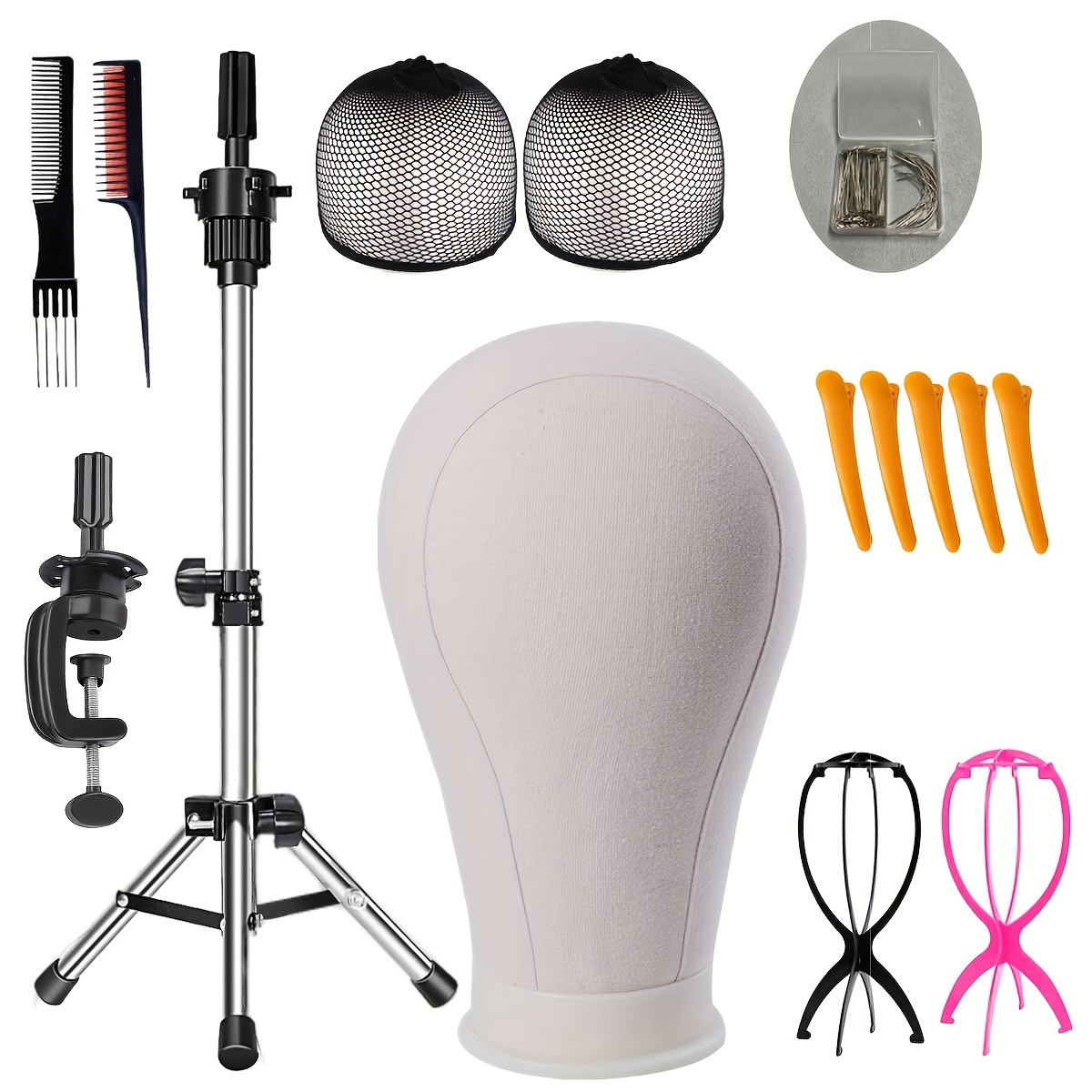 Klvied Reinforced Wig Stand Tripod Mannequin Head Stand, Adjustable Holder  for Cosmetology Hairdressing Training with T-with Caps, T-Pins, Comb, Hair