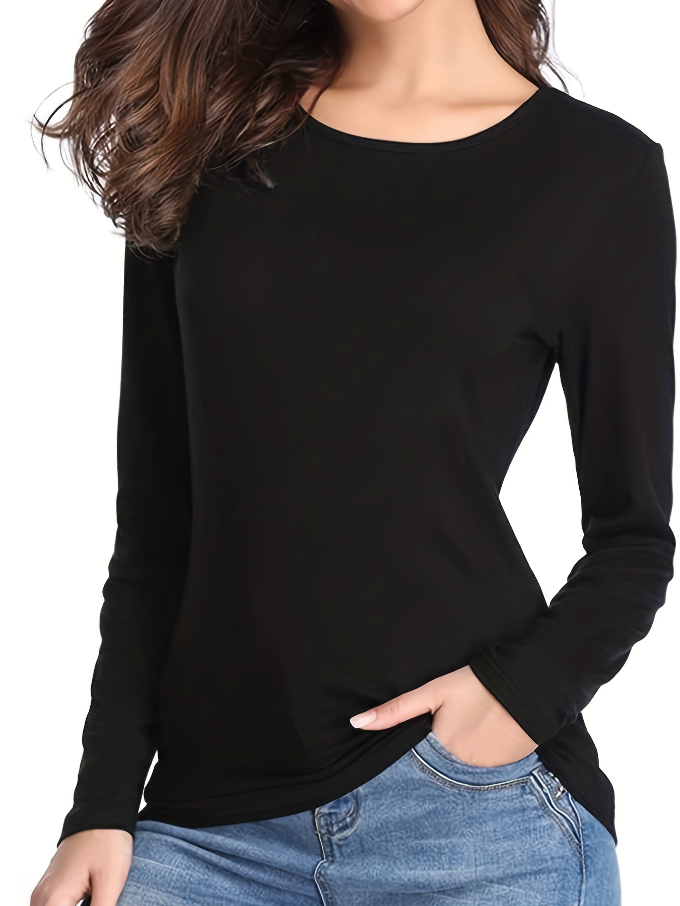 solid crew neck t shirt casual long sleeve lim top for spring fall womens clothing black 0