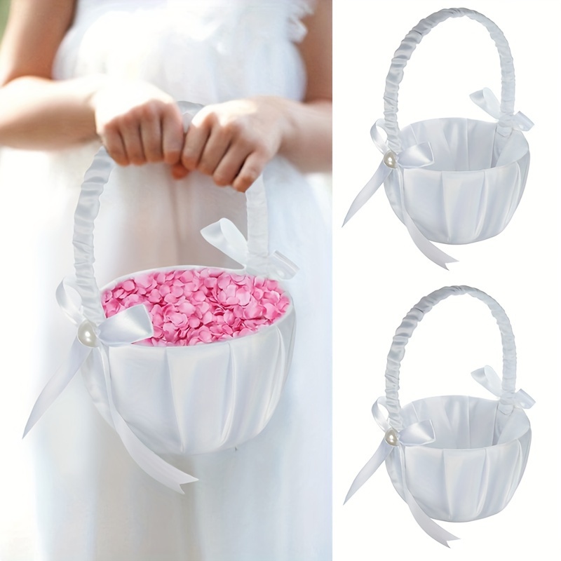 

1pc, Romantic White Satin Beaded Wedding Flower Girl Basket, Bowknot Decor Wedding Basket, Flowers Candy Small Gift Confetti Card Container, Marriage Props Decoration