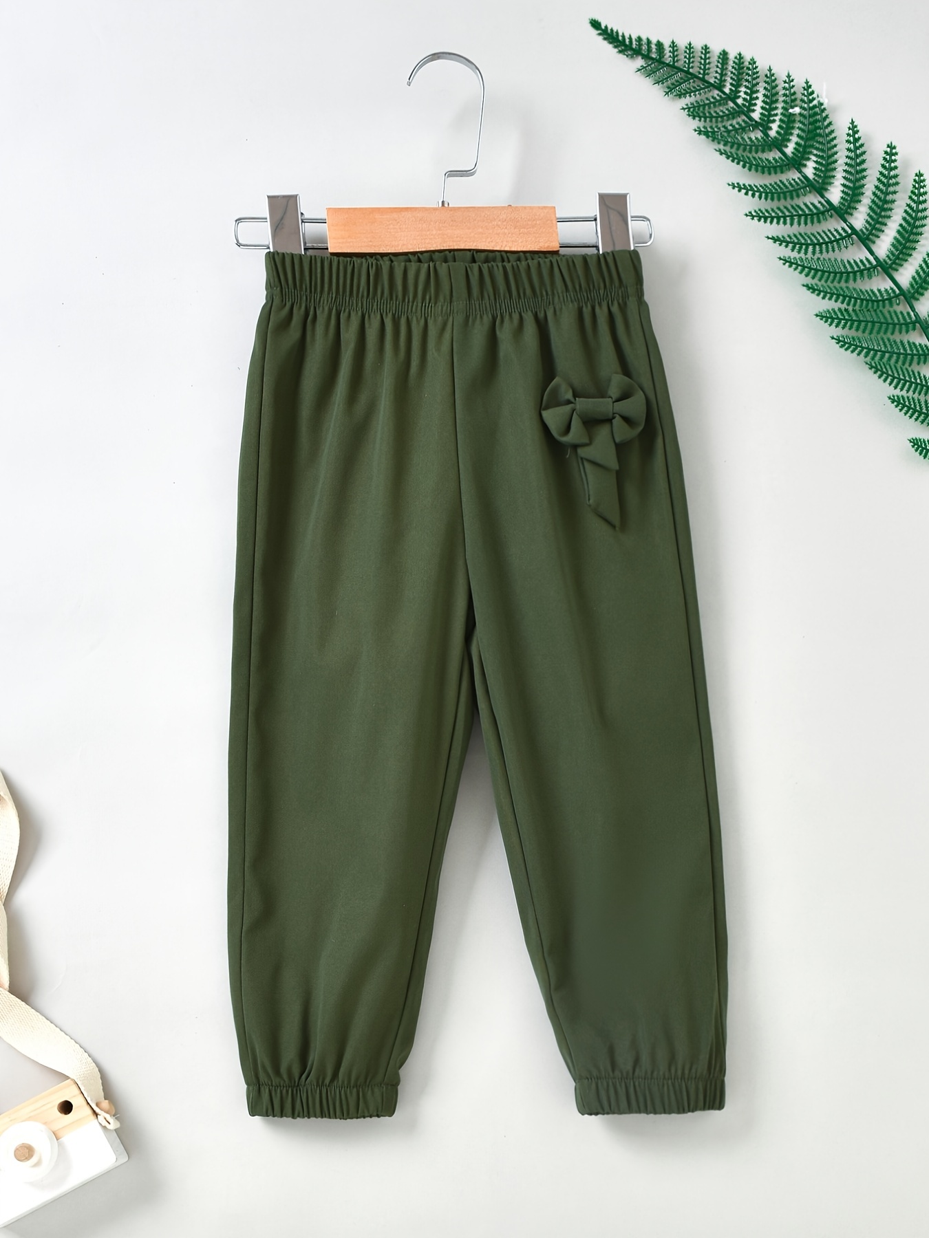 Girls Casual Army Green Pants With Bow - Temu New Zealand