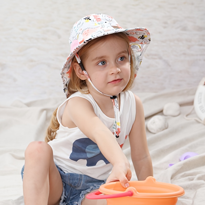 Girls Casual Cute Cartoon Graffiti Print Hats Wide Brim Sun Protection Hats  With Drawstrings For Outdoor Upf50+ - Temu