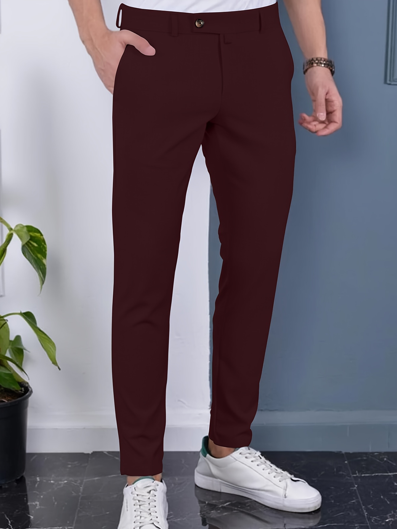 Slim Fit Elegant Slacks Men's Casual Vintage Style High - Temu