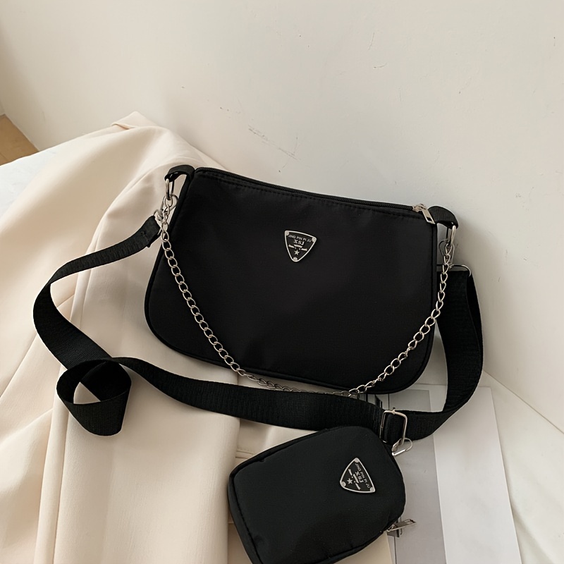 2pcs/set Fashion Nylon Crossbody Bag, Solid Color Simple Shoulder Bag,  Women's Casual Handbag & Hobo Purse