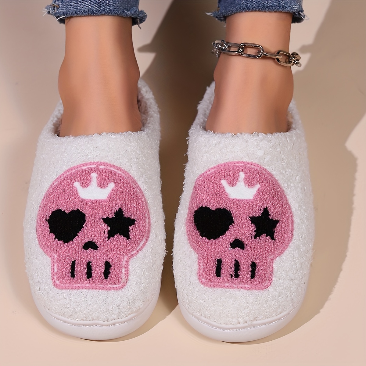 halloween skull ghost pattern plush slippers closed toe soft details 3