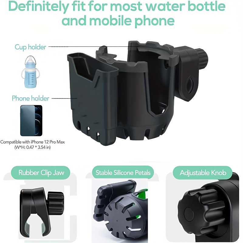 Stroller Walker Cup Holders & Phone Holder - 2-in-1 Adjustable Water Bottle  and Drink Cup Organizer Doona Accessories for Wheelchair, Mobility