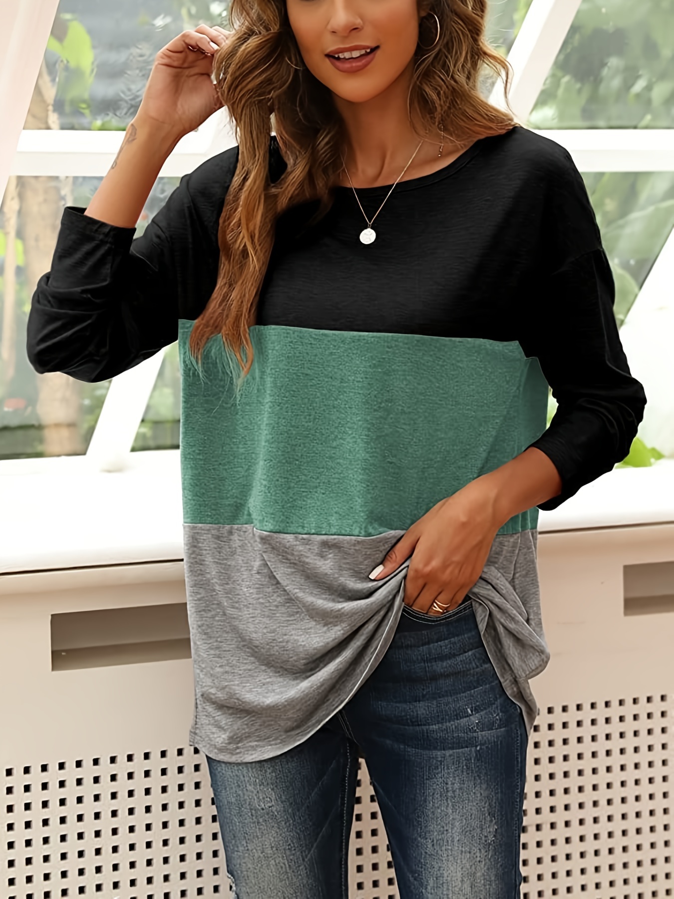 Womens Tops Long Sleeve T Shirts 2022 Fashion Color Block Casual