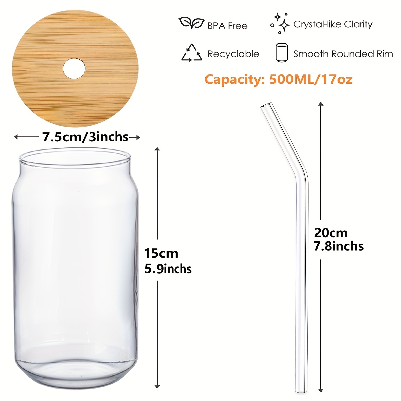 8pcs Set ] Drinking Glasses with Bamboo Lids and Glass Straw - 16oz Can  Shaped Glass Cups, Beer Glasses, Iced Coffee Glasses, Cute