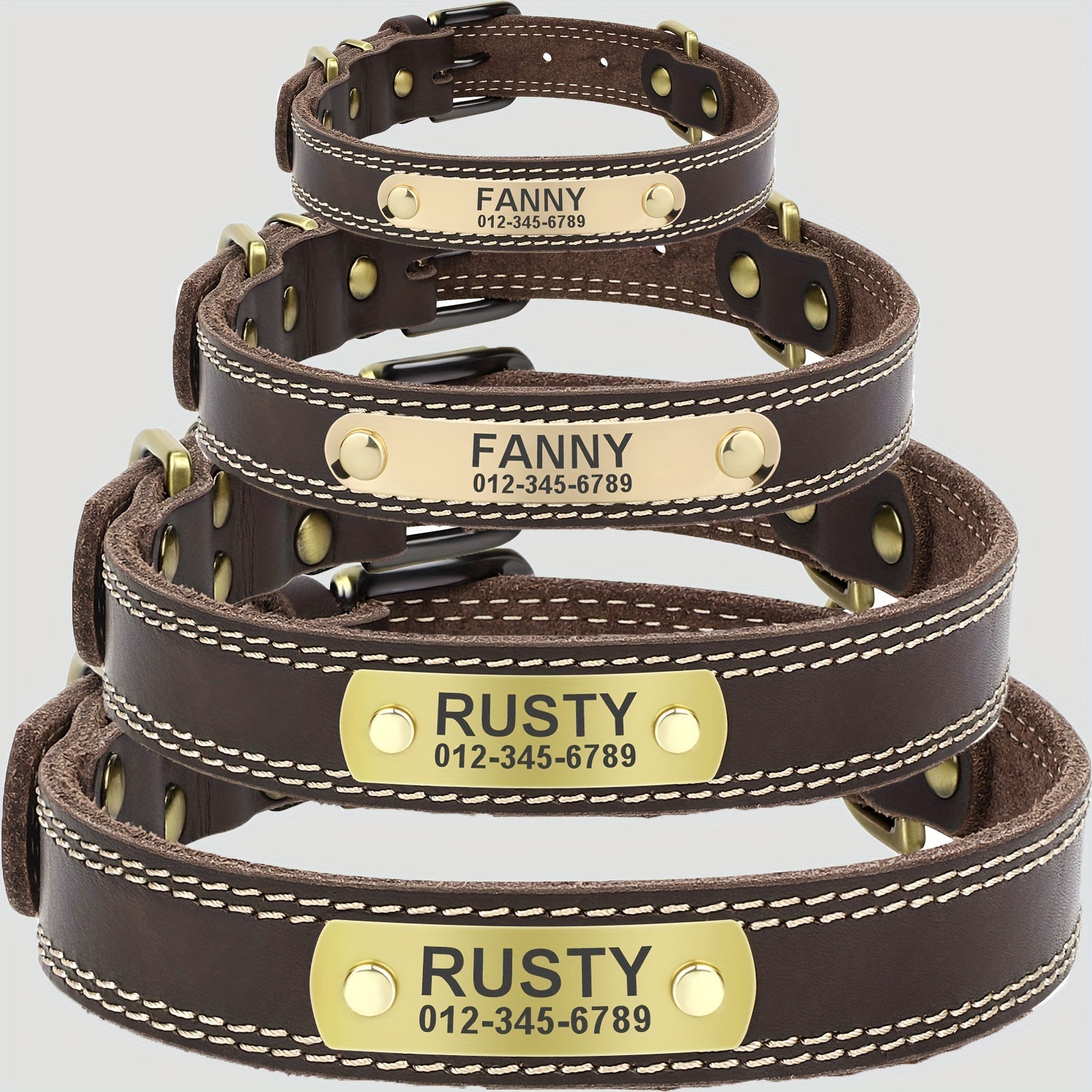 

Personalized Custom Heavy Duty Dog Collar With Engraved Nameplate, Customizable Durable Name Tag Collar, Comfortable Soft Genuine Leather Id Collars For Small, Medium, Large Dogs