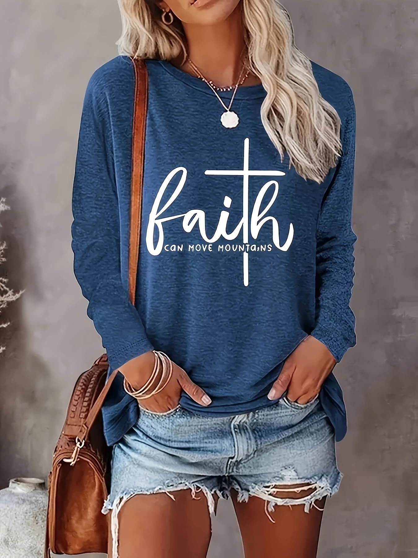 Faith Print Crew Neck T shirt Casual Long Sleeve Top Spring - Temu