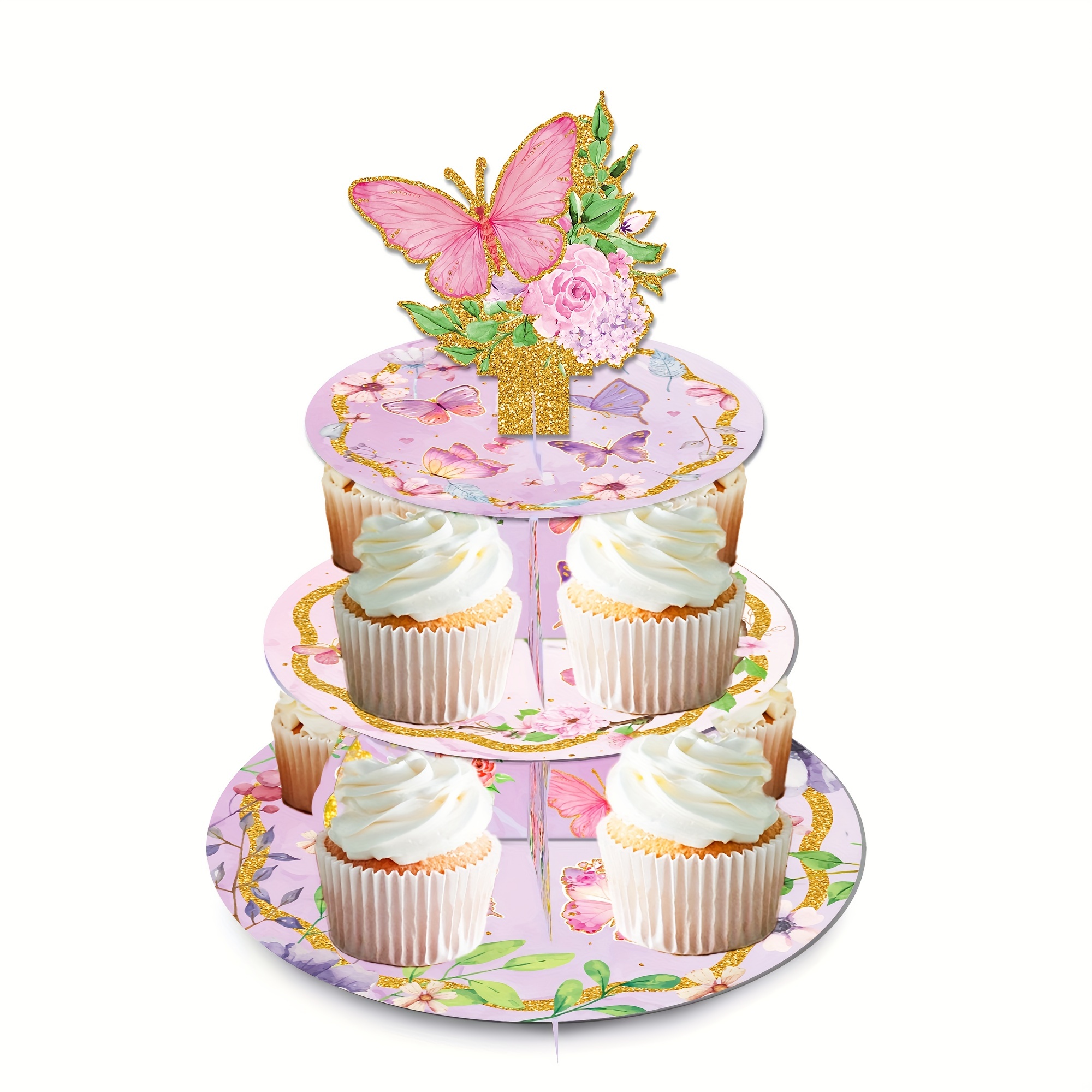 

1pc, Butterfly Cupcake Stand 3-tier And Topper Set, Butterfly Birthday Party Decorations Baby Shower Supplies Cardboard Dessert Tower Holder Round Serving Stand For Wedding, Baby Shower