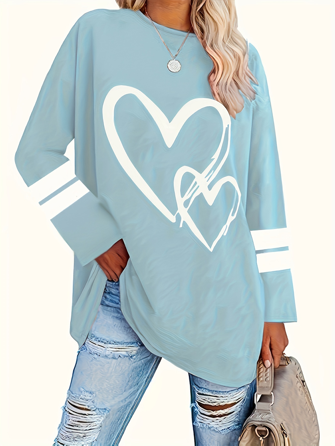 2023 Love Heart Shirt Plus Size Pullover Women Long Sleeve Tops