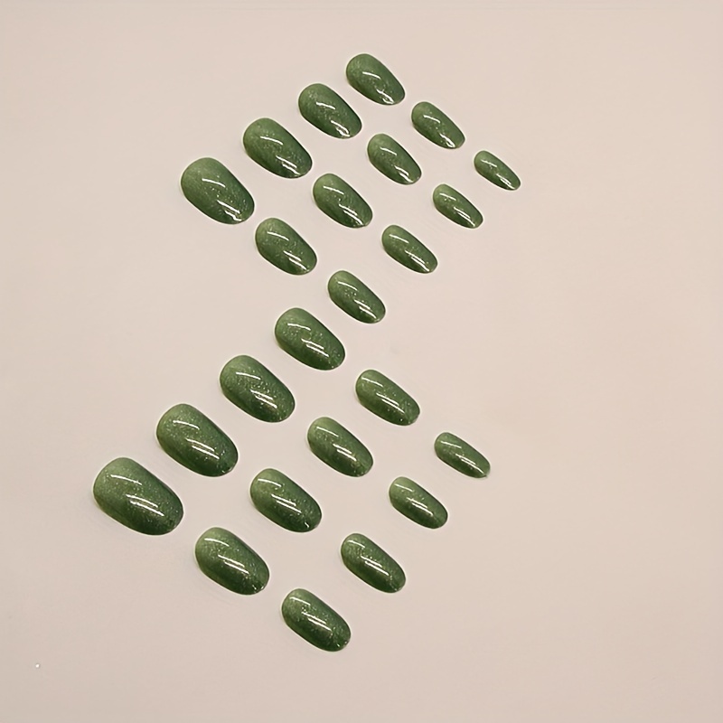 24pcs short oval fake nails glossy pure color green artificial nails with jelly stickers 1pc nail file details 3