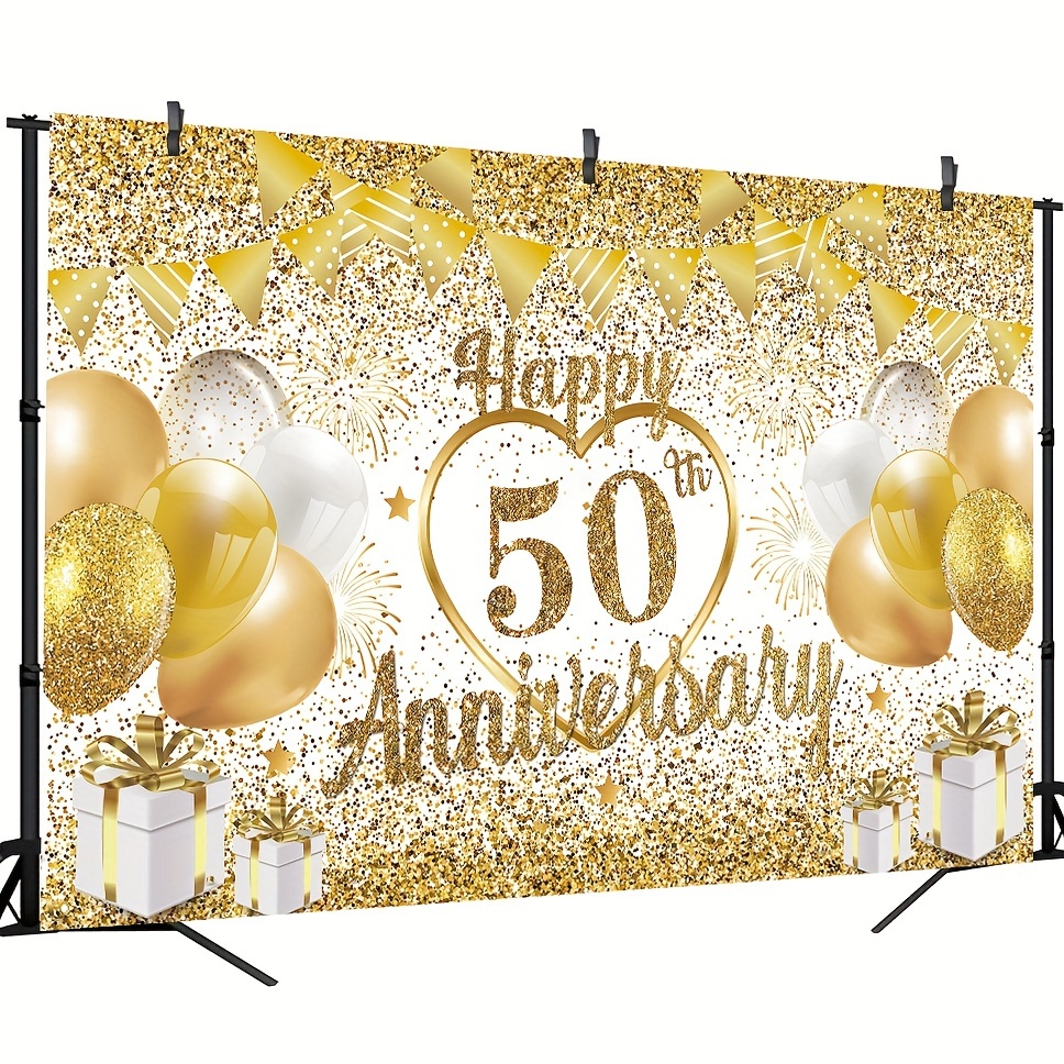 1pc, Decoración De Fondo De Aniversario De Bodas De Oro Número 50 Blanco  Dorado Banner Feliz 50 Aniversario 180cm * 110cm / 70.8in * 43.3in, Fondo De