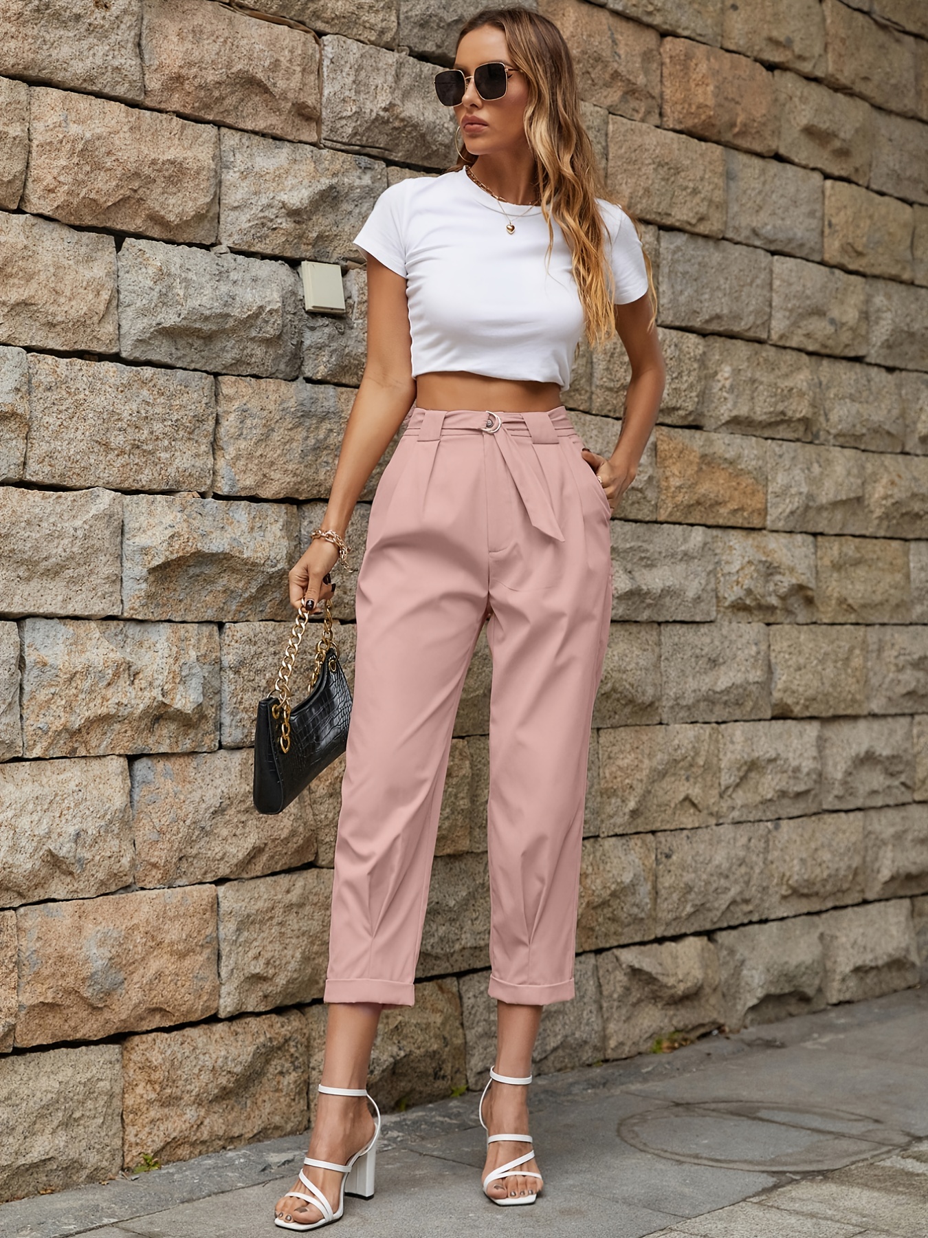 Solid Pocket Tapered Pants, Casual Pleated High Waist Pants, Women's  Clothing