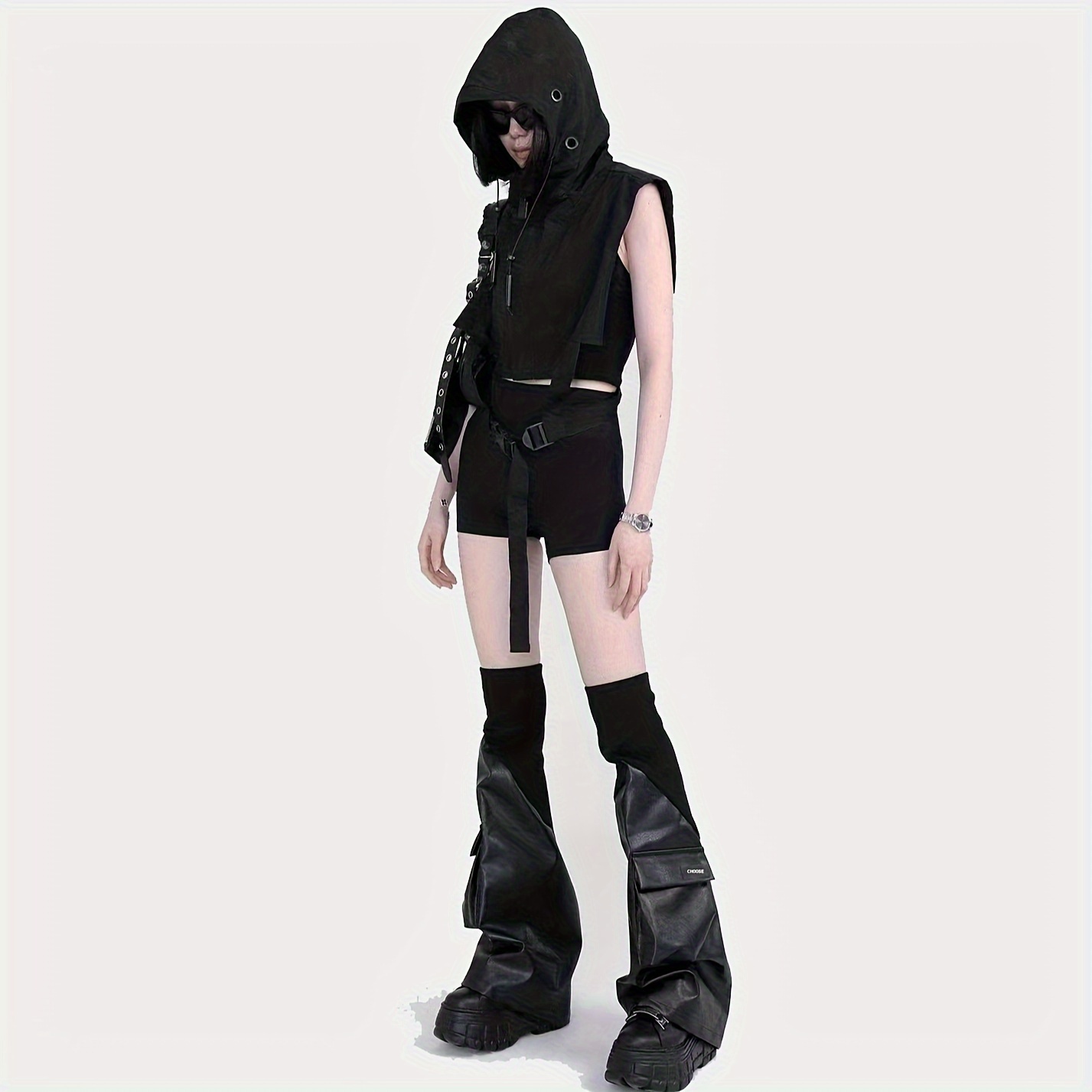 Women's Leather Leg Warmers Punk Style Flap Pocket Knee High Socks