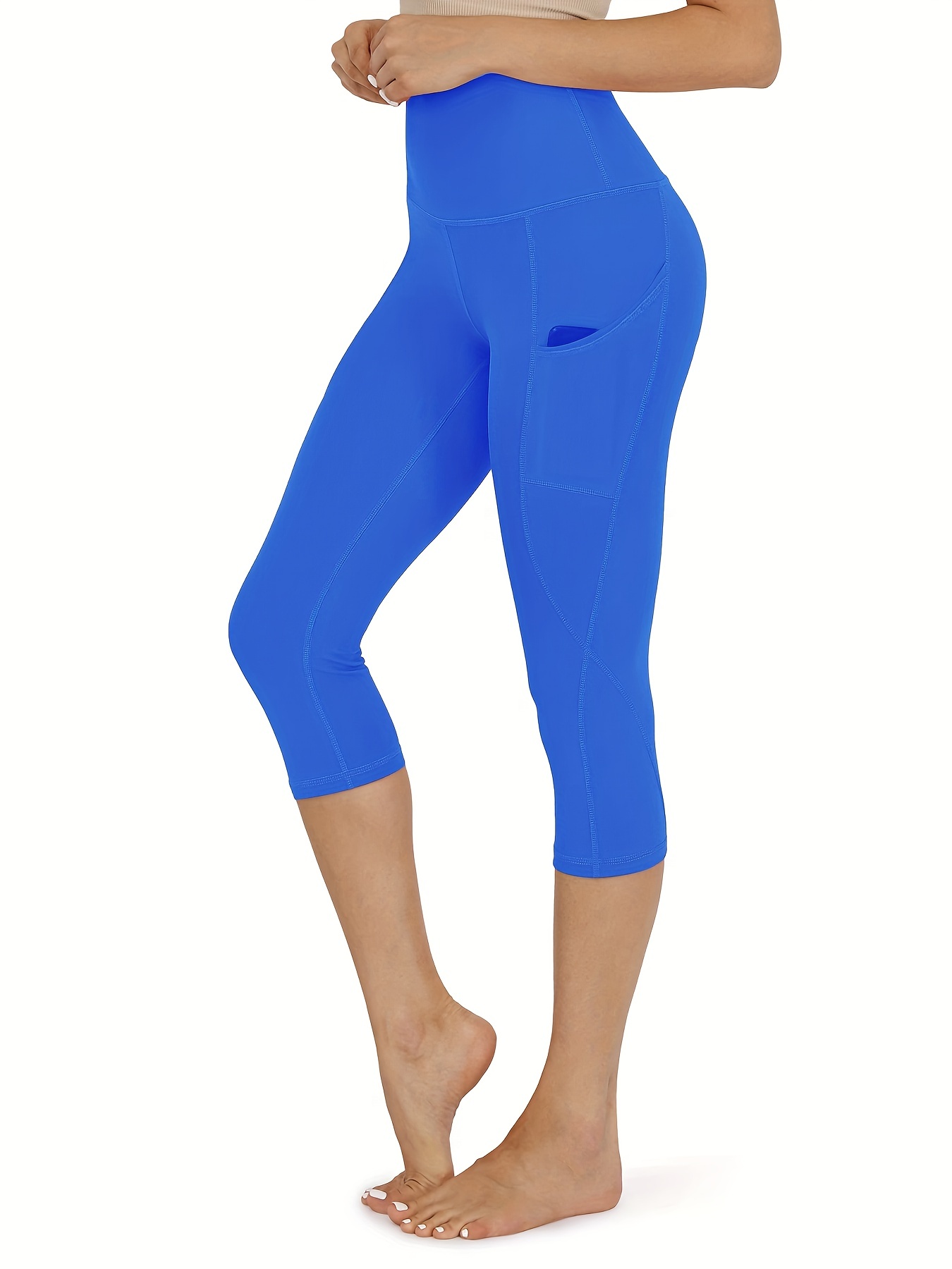 leggings with pockets for women capri light blue : CRZ YOGA High Waisted  Capri Workout Leggin