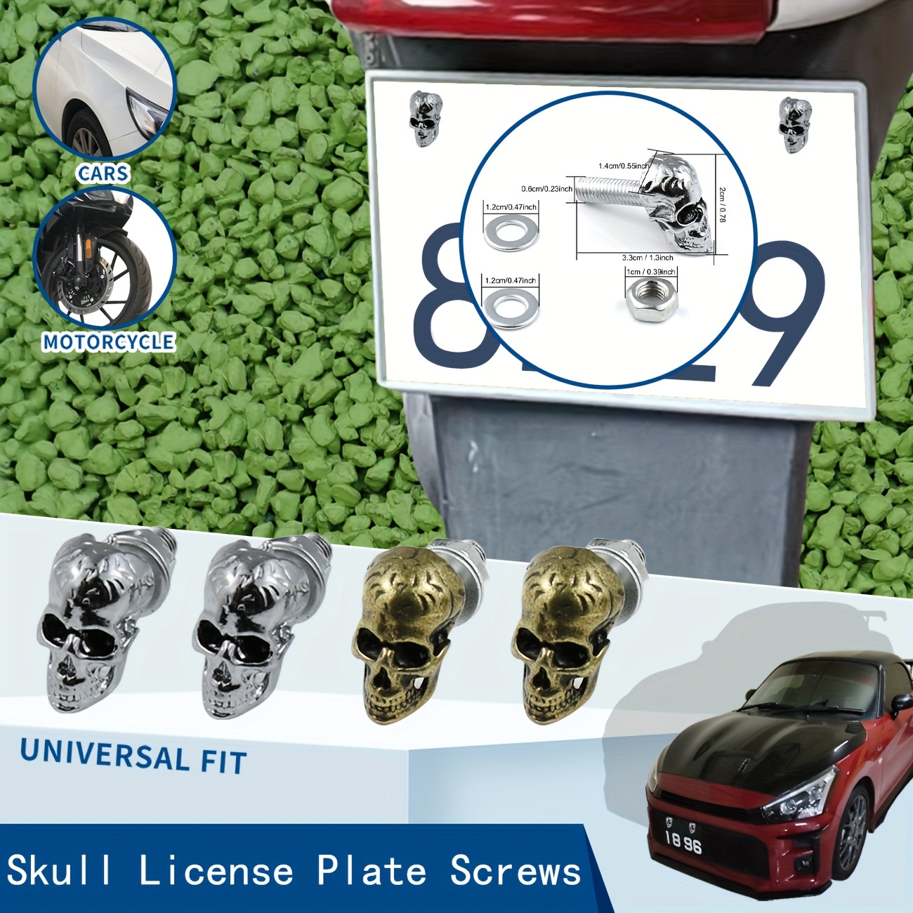4 Stück Schädel-Kennzeichen-Schrauben Dekoration Universal Autos LKW  Motorrad Windschutzscheibe Glas-Kennzeichenrahmen Bolzen