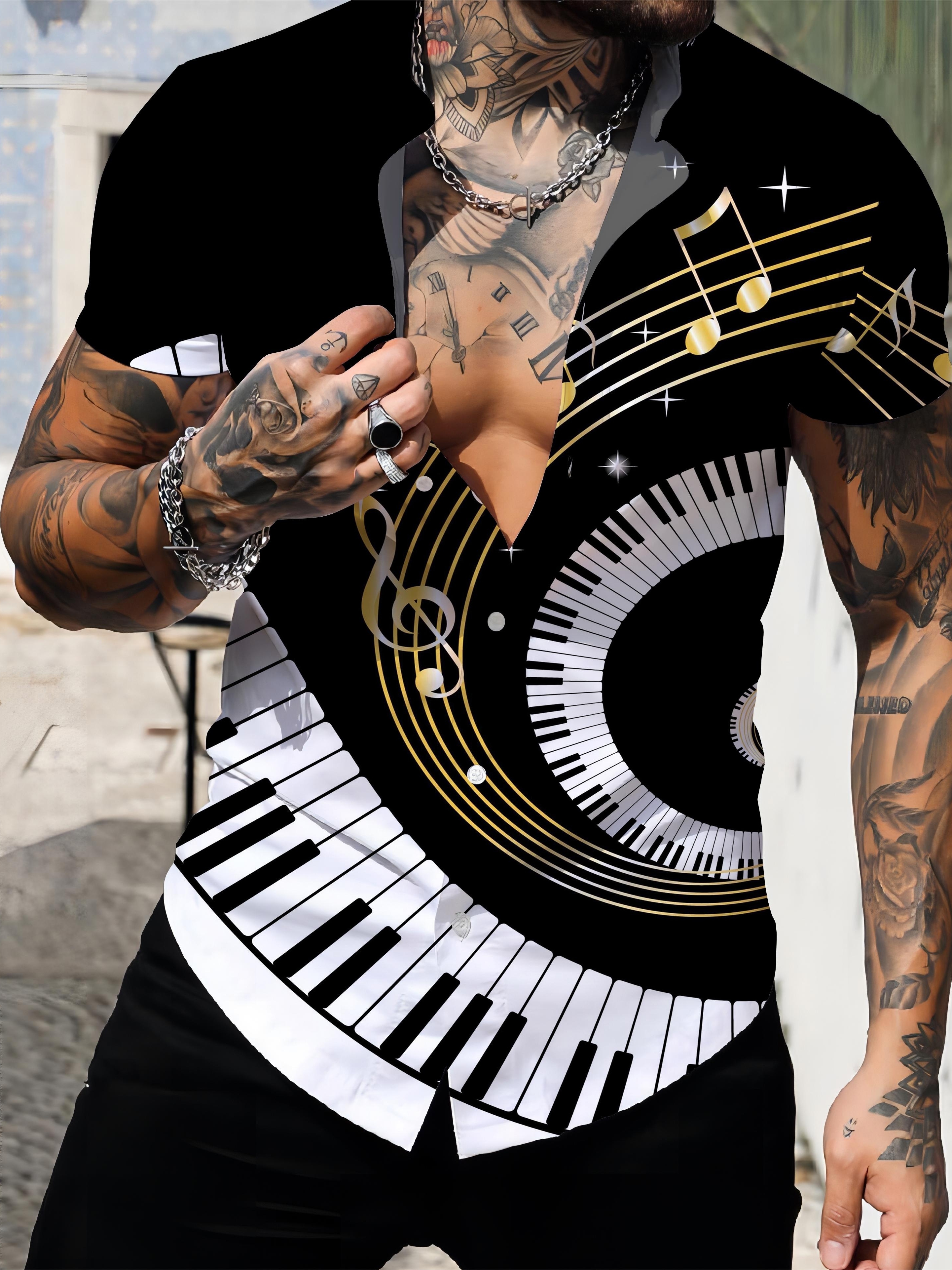 Men's Piano Music 3D Print Fashion Short Sleeve V-neck Button Down Shirts, Men's Summer Clothes, Casual Graphic Tops, Men's Novelty Pajamas Tops