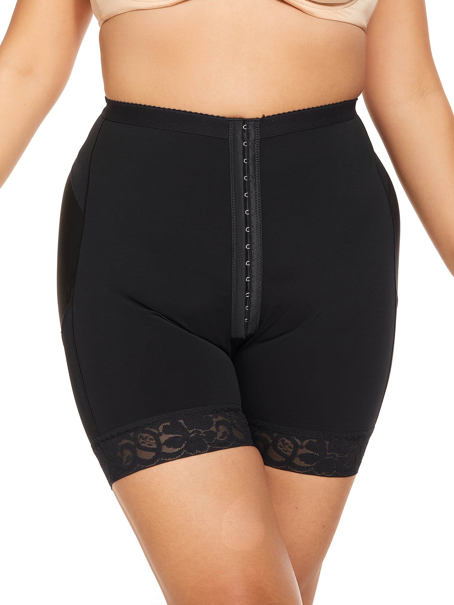 Front Buckle Closure Lace Compression Shaping Crotchless Panties, Sexy High  Waist Tummy Control Breathable Boyshort Panties, Women's Underwear & Shape