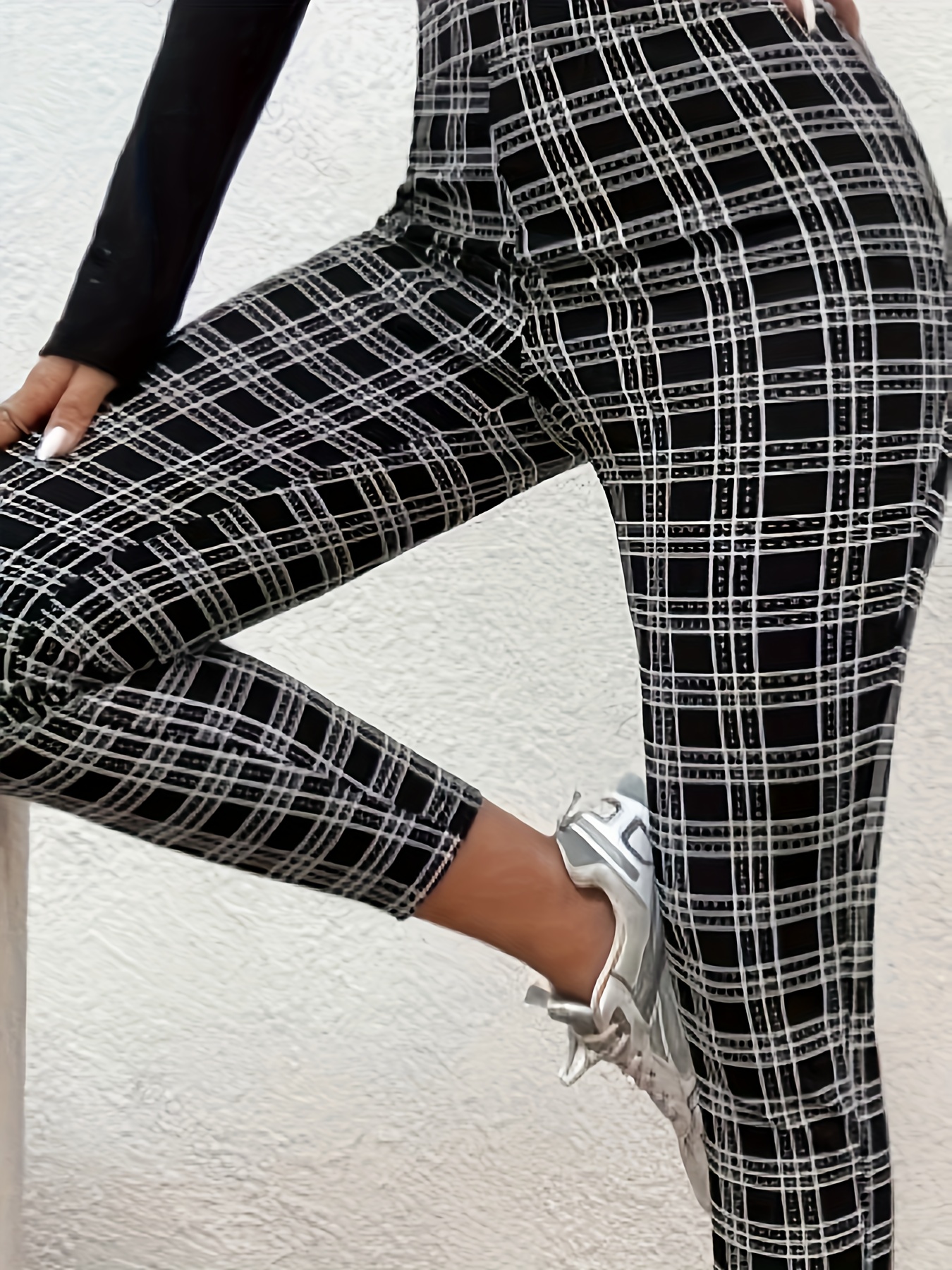 Women's Casual Leggings Plus Size Grid Print Elastic High - Temu