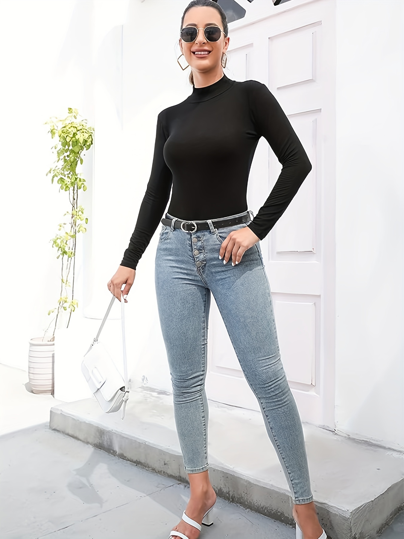 Simple Solid Shaping Bodysuit Long Sleeve Tummy Control - Temu Canada